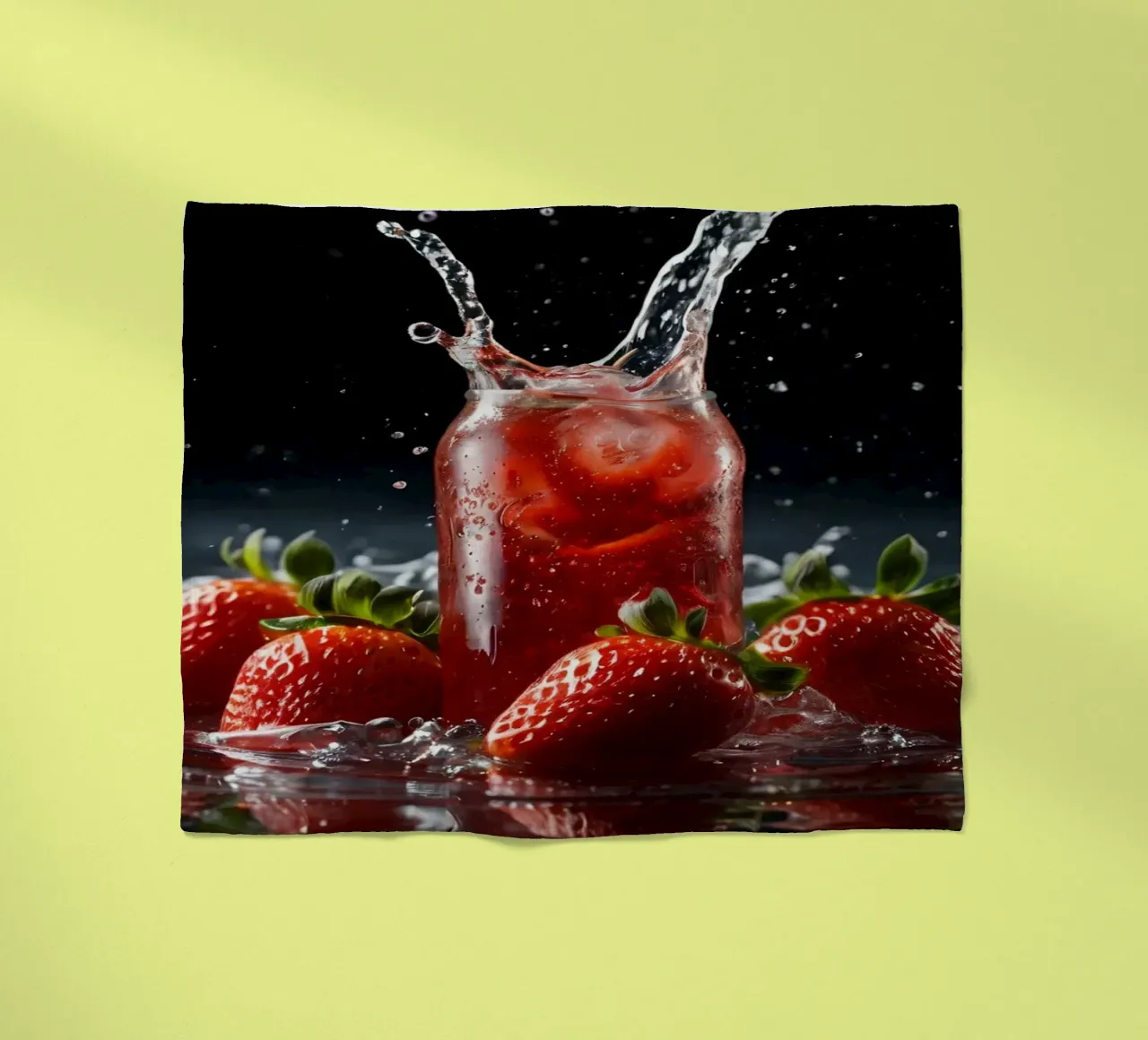 Strawberries and sparkling drink splash on a dark background fleece blanket by DesignDoodle