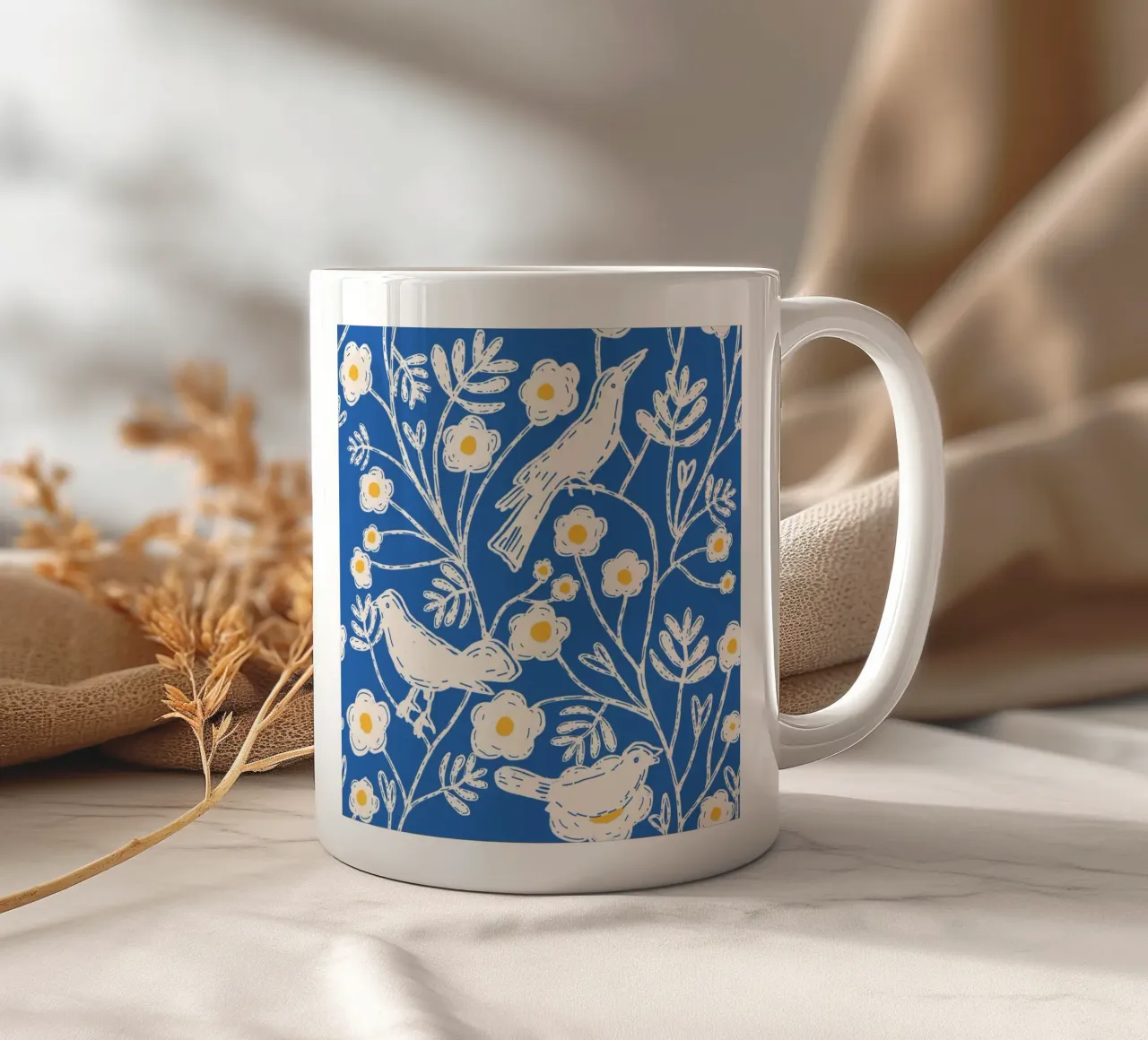 Kobalt tuinvogels - blokprint bloemen keramische mok van susanacosta