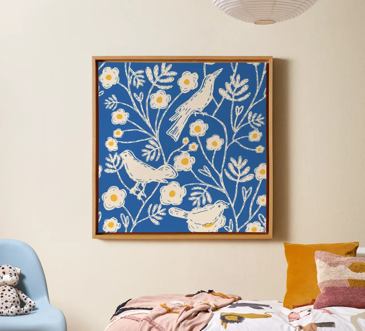 Kobalt tuinvogels - blokprint bloemen canvas met Baklijst van susanacosta