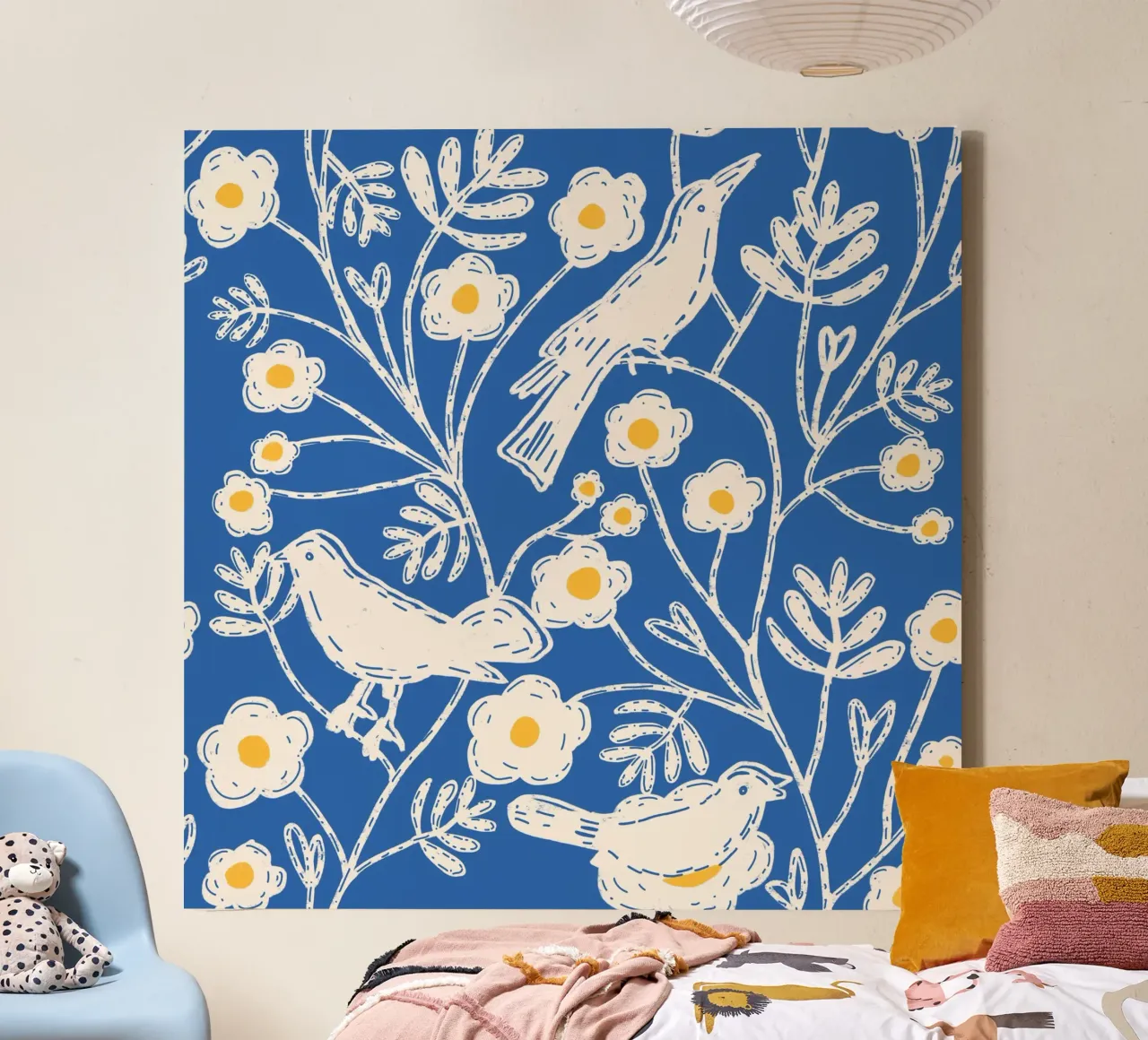 Kobalt tuinvogels - blokprint bloemen canvas met Baklijst van susanacosta