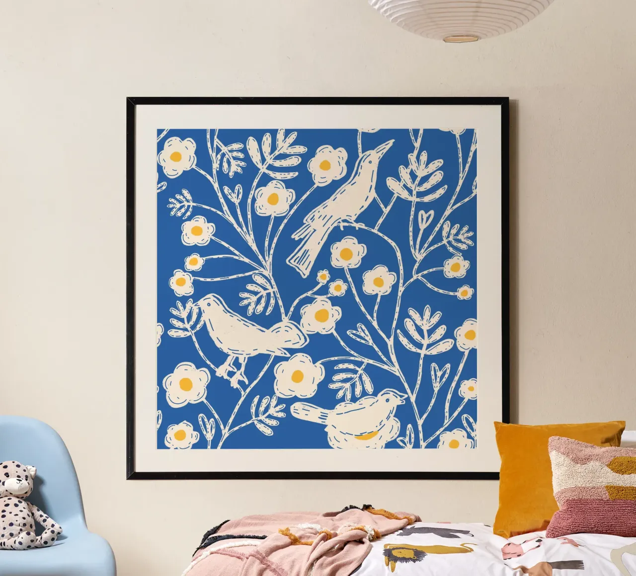 Kobalt tuinvogels - blokprint bloemen poster van susanacosta