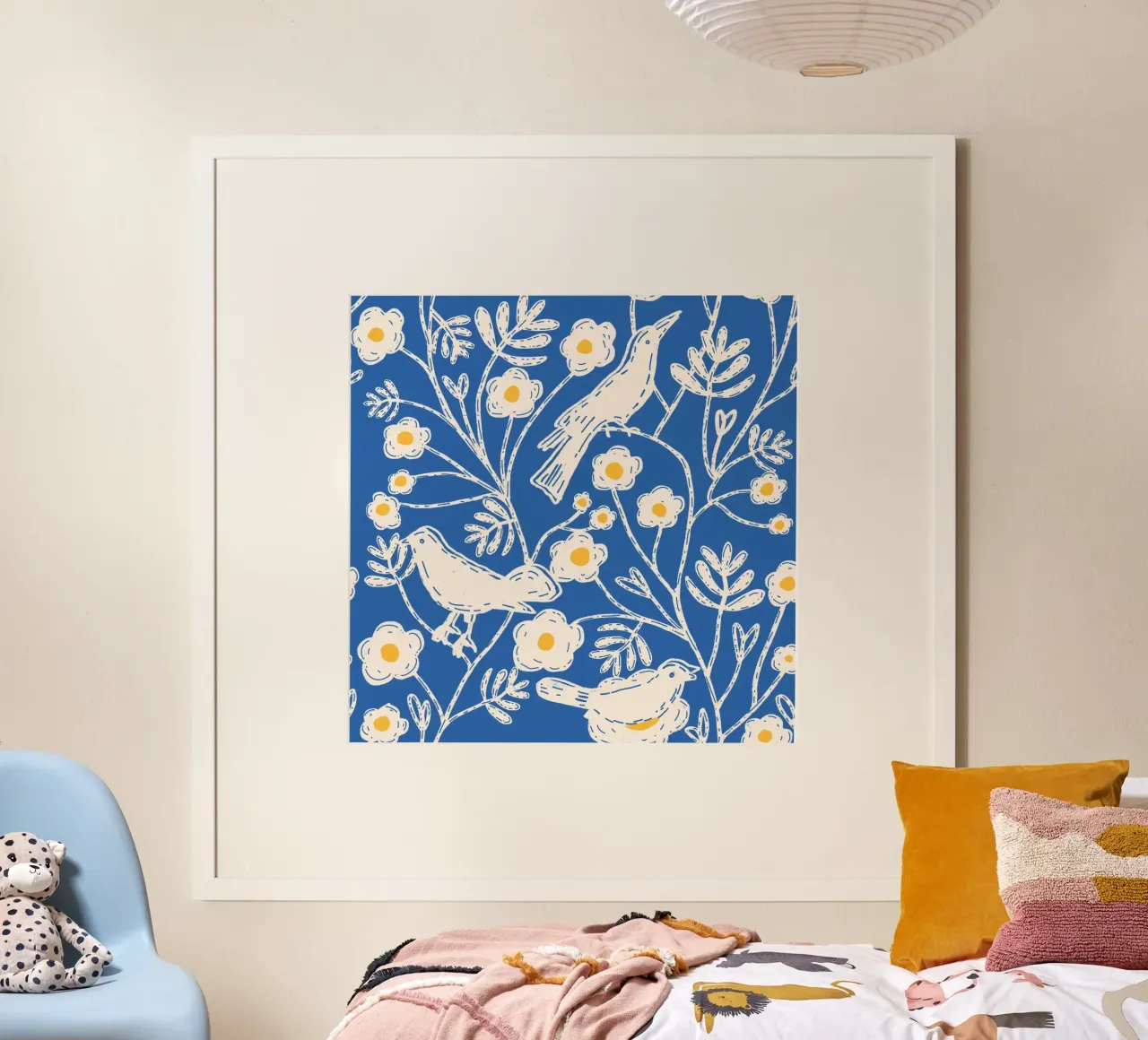 Kobalt tuinvogels - blokprint bloemen poster van susanacosta