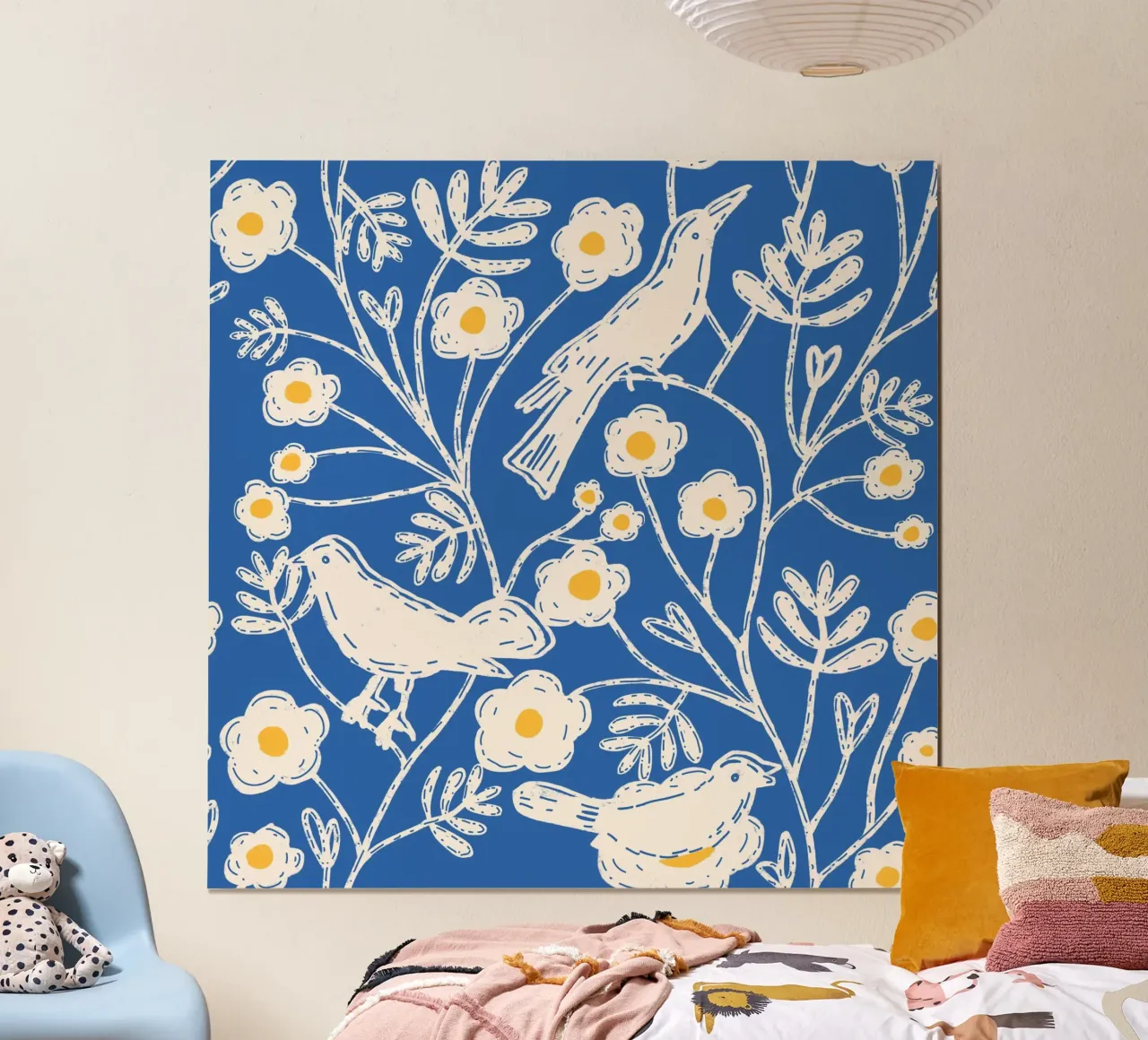 Kobalt tuinvogels - blokprint bloemen poster van susanacosta