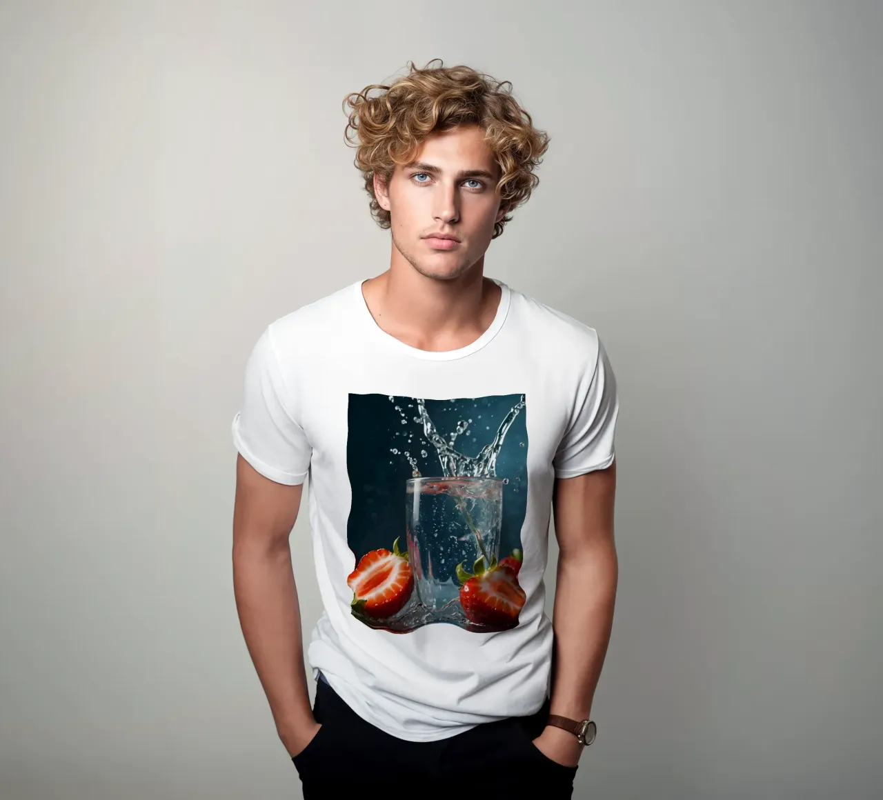 spruzzi d'acqua in un bicchiere circondato da fragole fresche t-shirt da DesignDoodle