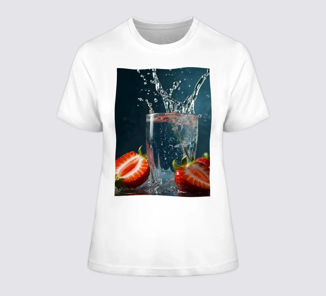 spruzzi d'acqua in un bicchiere circondato da fragole fresche t-shirt da donna da DesignDoodle