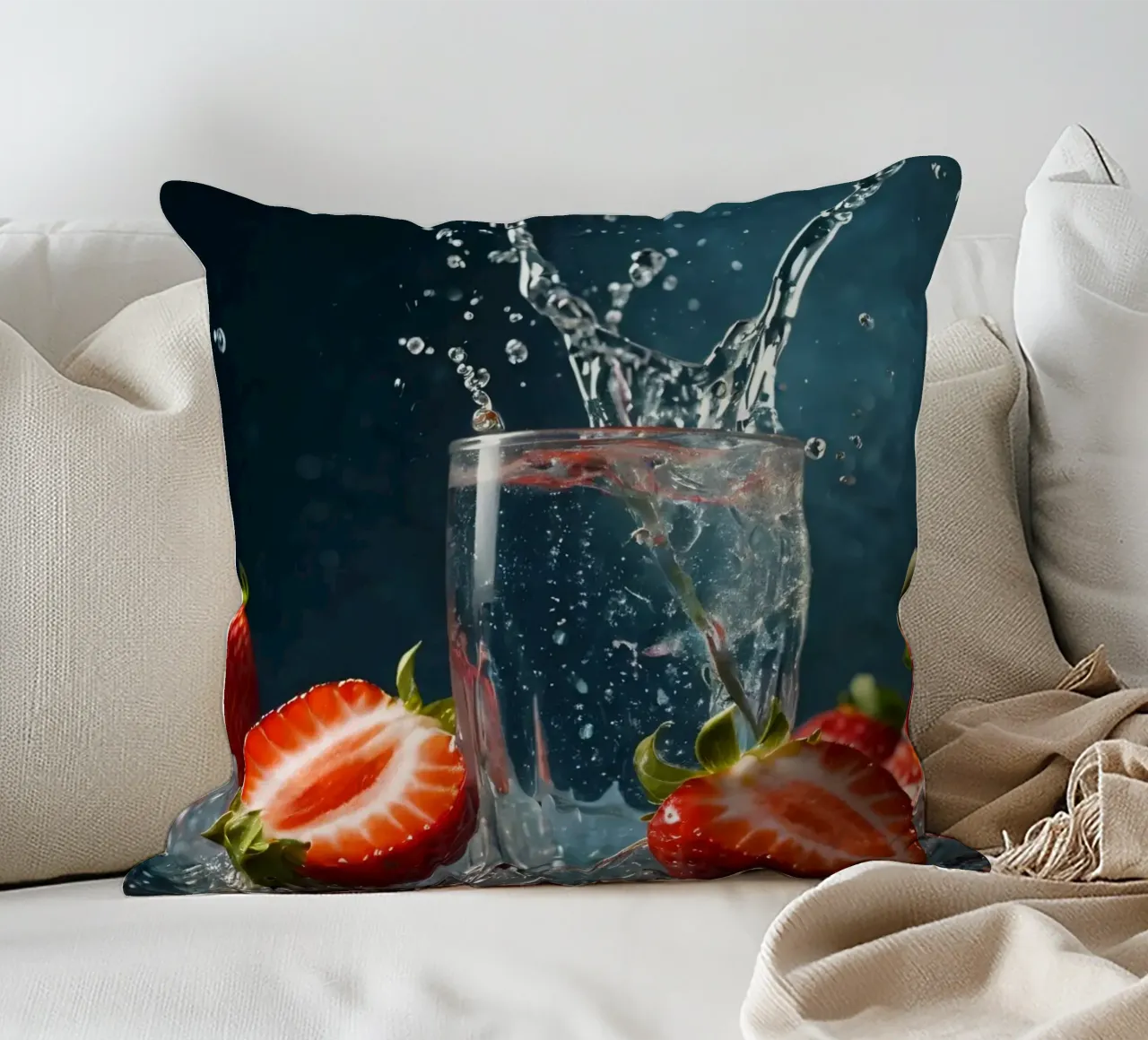 spruzzi d'acqua in un bicchiere circondato da fragole fresche cuscino da DesignDoodle