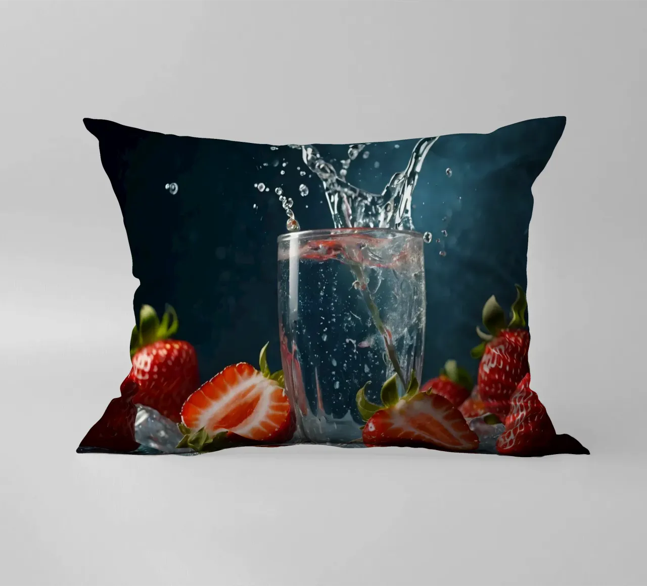 spruzzi d'acqua in un bicchiere circondato da fragole fresche cuscino da DesignDoodle