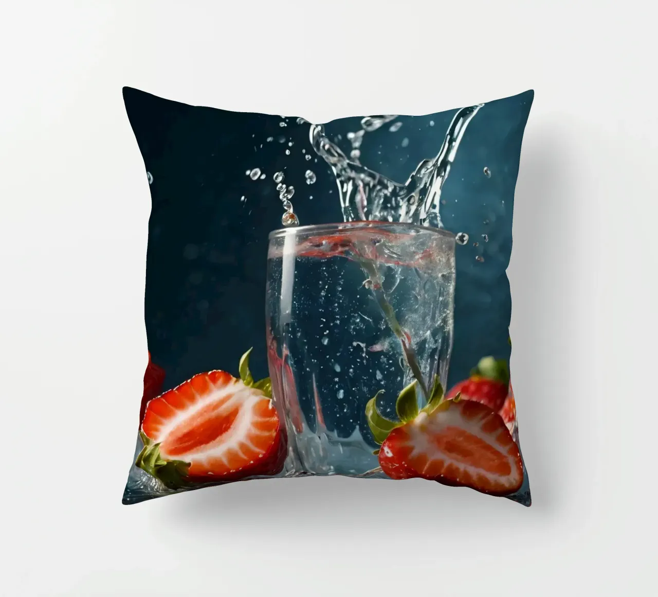 spruzzi d'acqua in un bicchiere circondato da fragole fresche cuscino da DesignDoodle
