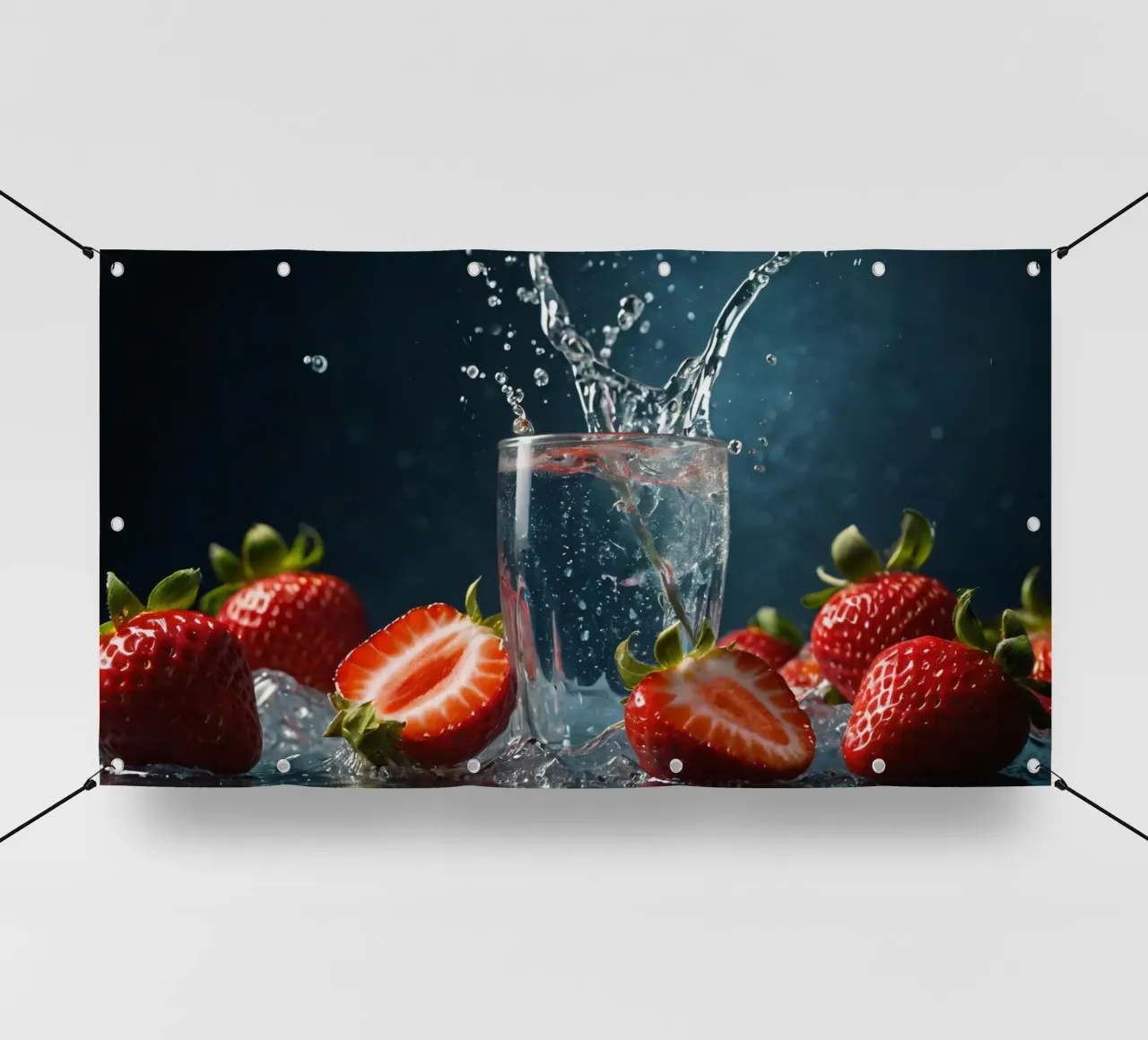 spruzzi d'acqua in un bicchiere circondato da fragole fresche telo in pvc da DesignDoodle