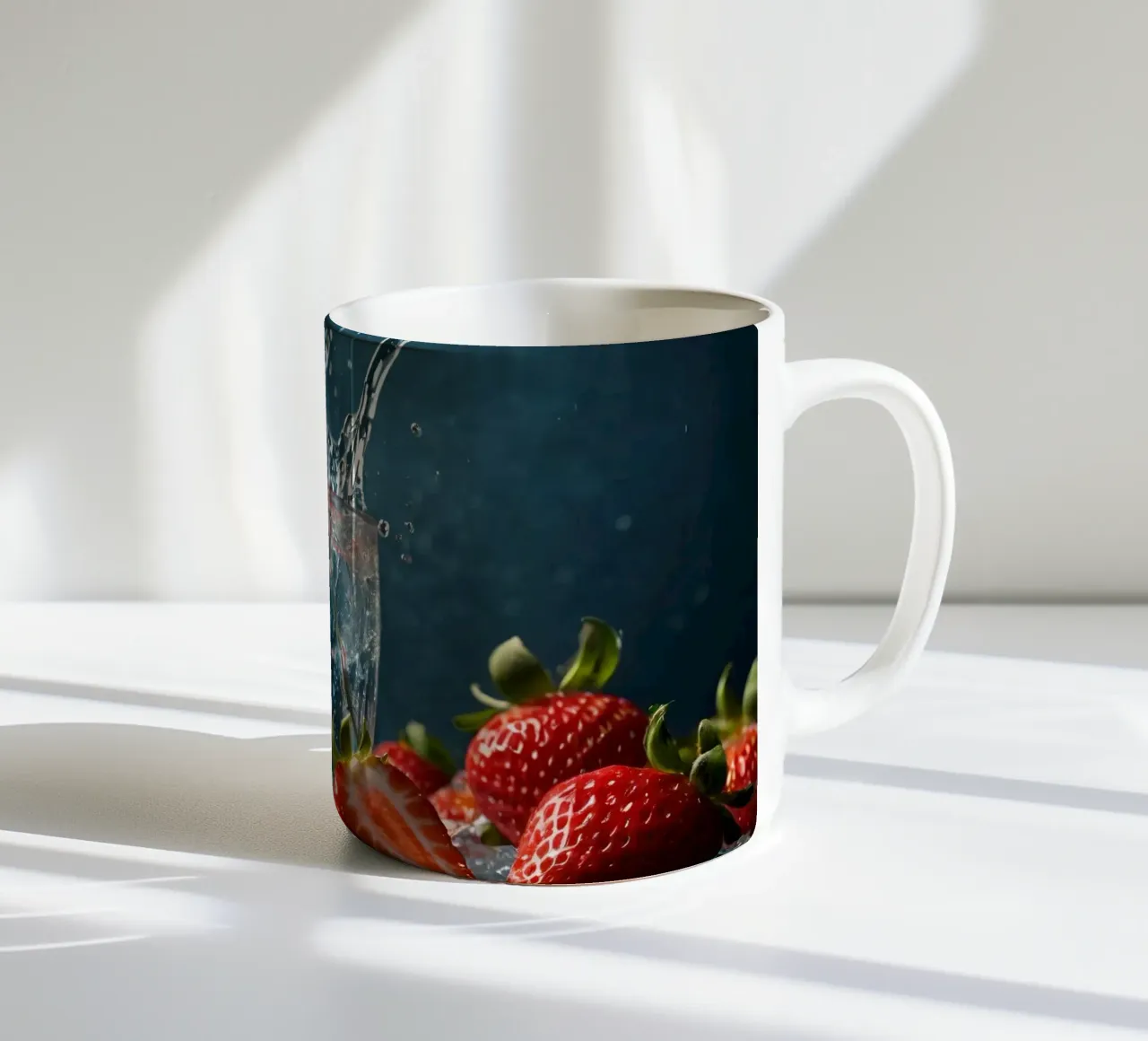 spruzzi d'acqua in un bicchiere circondato da fragole fresche tazza in ceramica da DesignDoodle