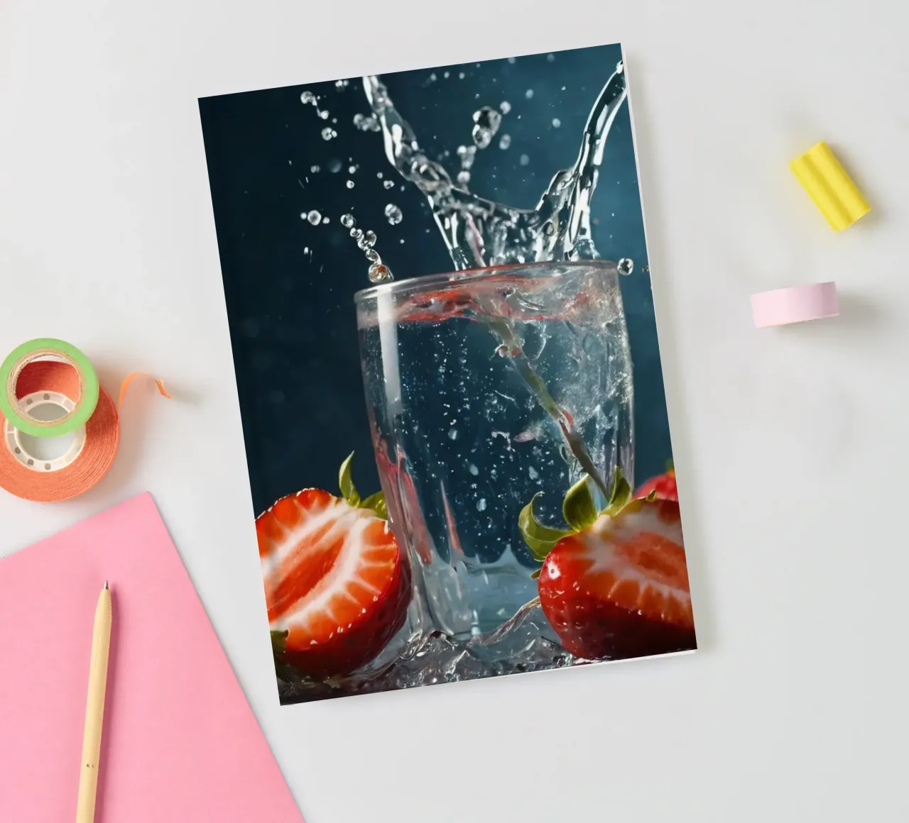 spruzzi d'acqua in un bicchiere circondato da fragole fresche diario da DesignDoodle