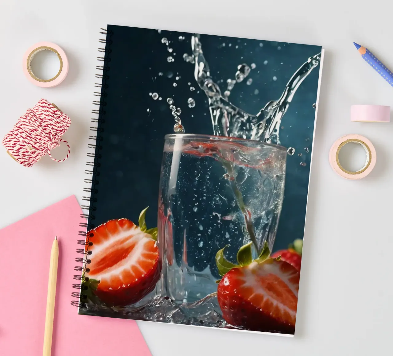 spruzzi d'acqua in un bicchiere circondato da fragole fresche diario ad anelli da DesignDoodle