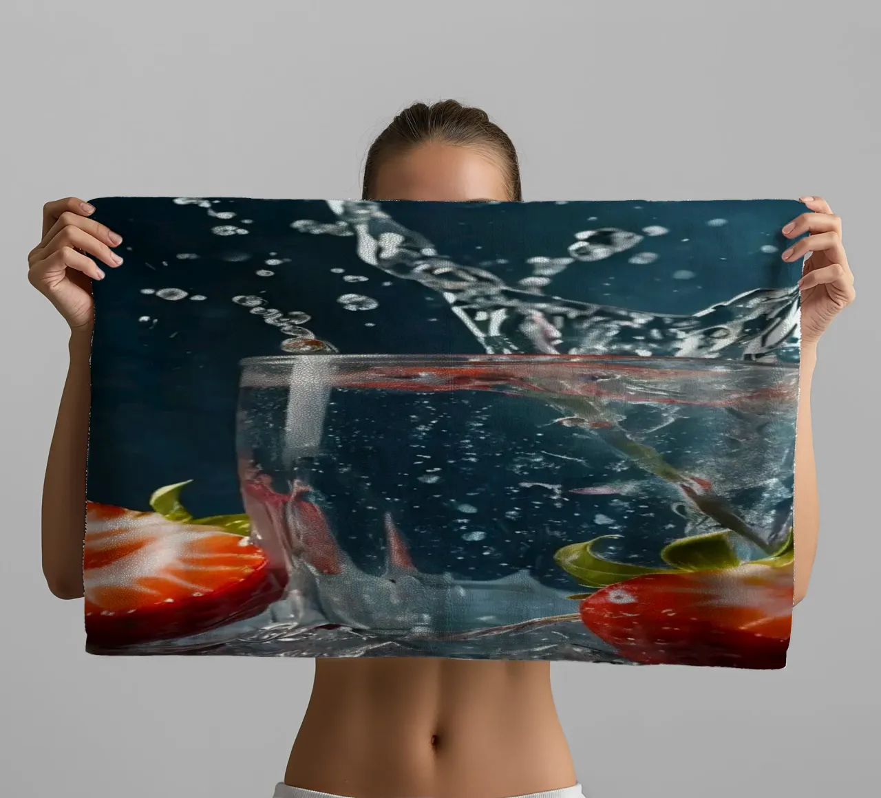 spruzzi d'acqua in un bicchiere circondato da fragole fresche asciugamano da bagno da DesignDoodle