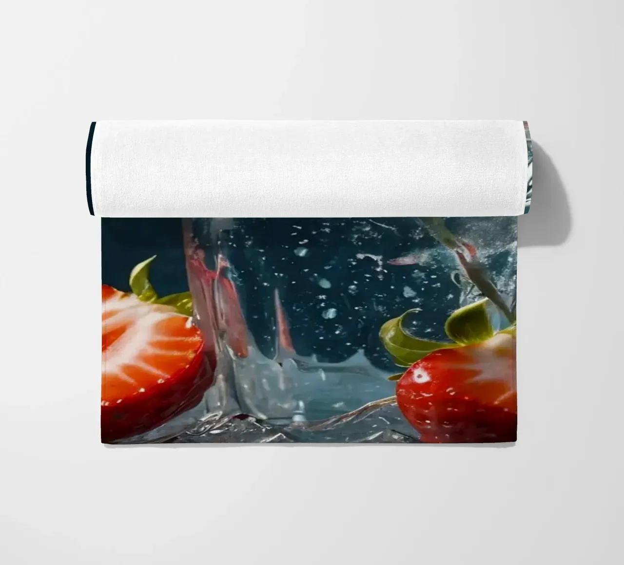 spruzzi d'acqua in un bicchiere circondato da fragole fresche telo mare da DesignDoodle