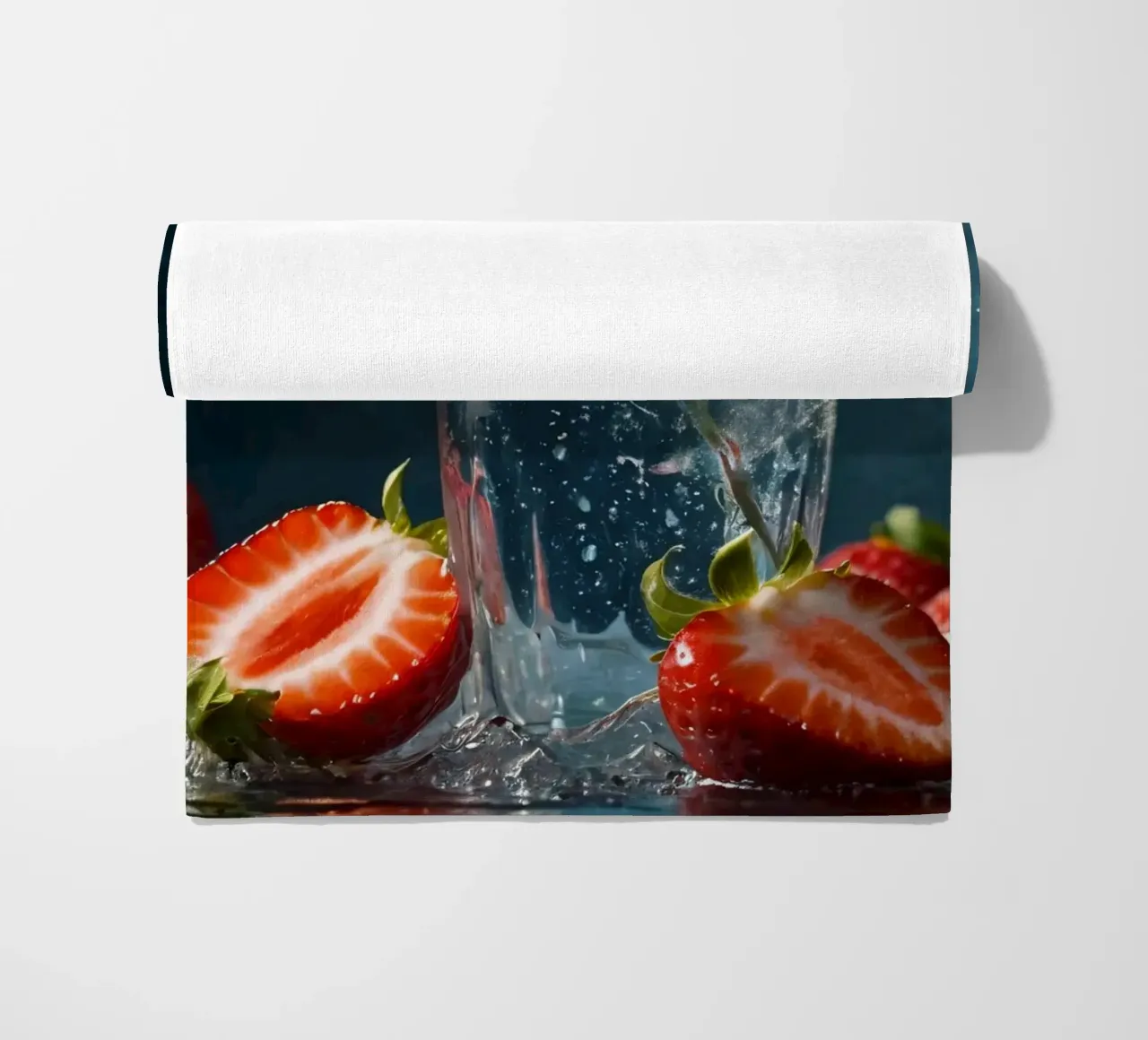 spruzzi d'acqua in un bicchiere circondato da fragole fresche telo mare da DesignDoodle