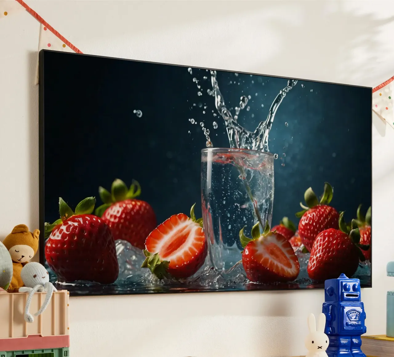 spruzzi d'acqua in un bicchiere circondato da fragole fresche alluminio dibond da DesignDoodle