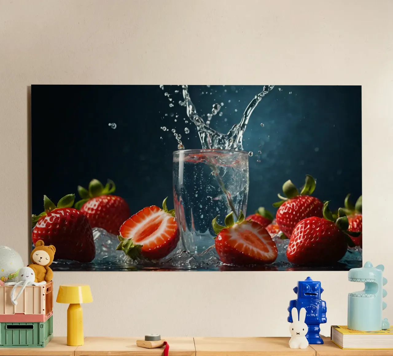 spruzzi d'acqua in un bicchiere circondato da fragole fresche alluminio dibond da DesignDoodle