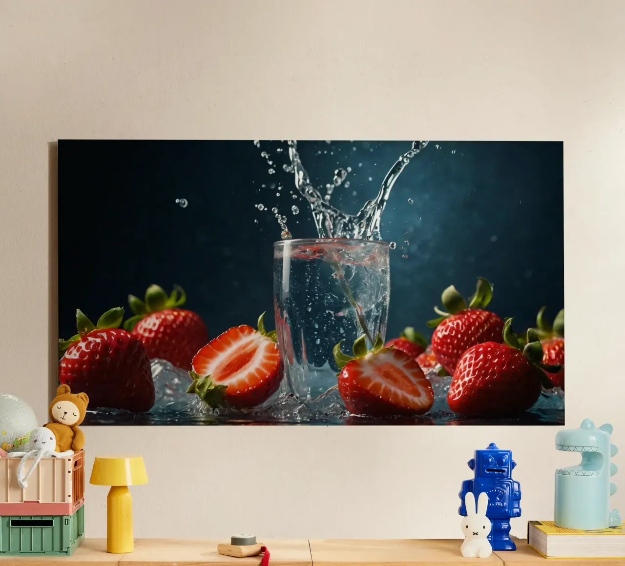 spruzzi d'acqua in un bicchiere circondato da fragole fresche tela da DesignDoodle