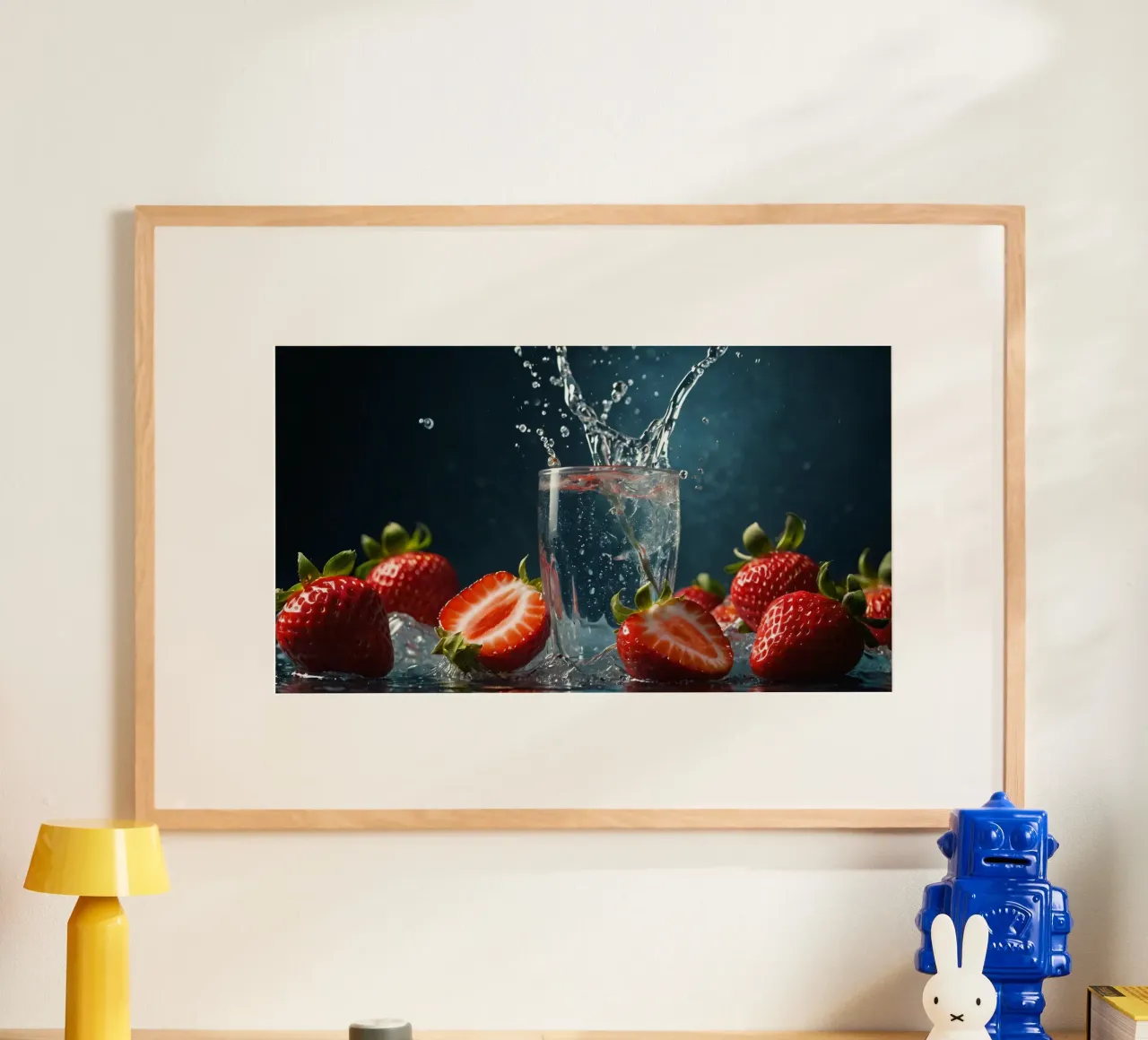 spruzzi d'acqua in un bicchiere circondato da fragole fresche carta hahnemühle da DesignDoodle