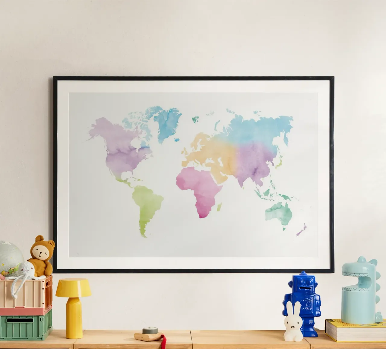 Mappa del mondo ad acquerello - colori vivaci poster con telaio in alluminio da NouveauPrints