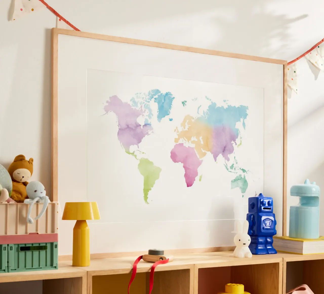 Mappa del mondo ad acquerello - colori vivaci poster con telaio in alluminio da NouveauPrints
