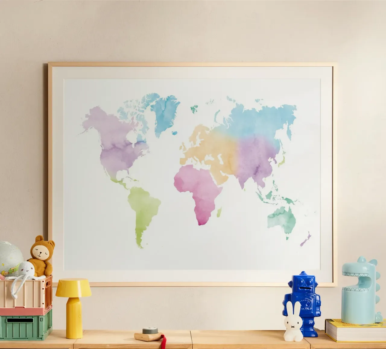 Mappa del mondo ad acquerello - colori vivaci poster con telaio in alluminio da NouveauPrints