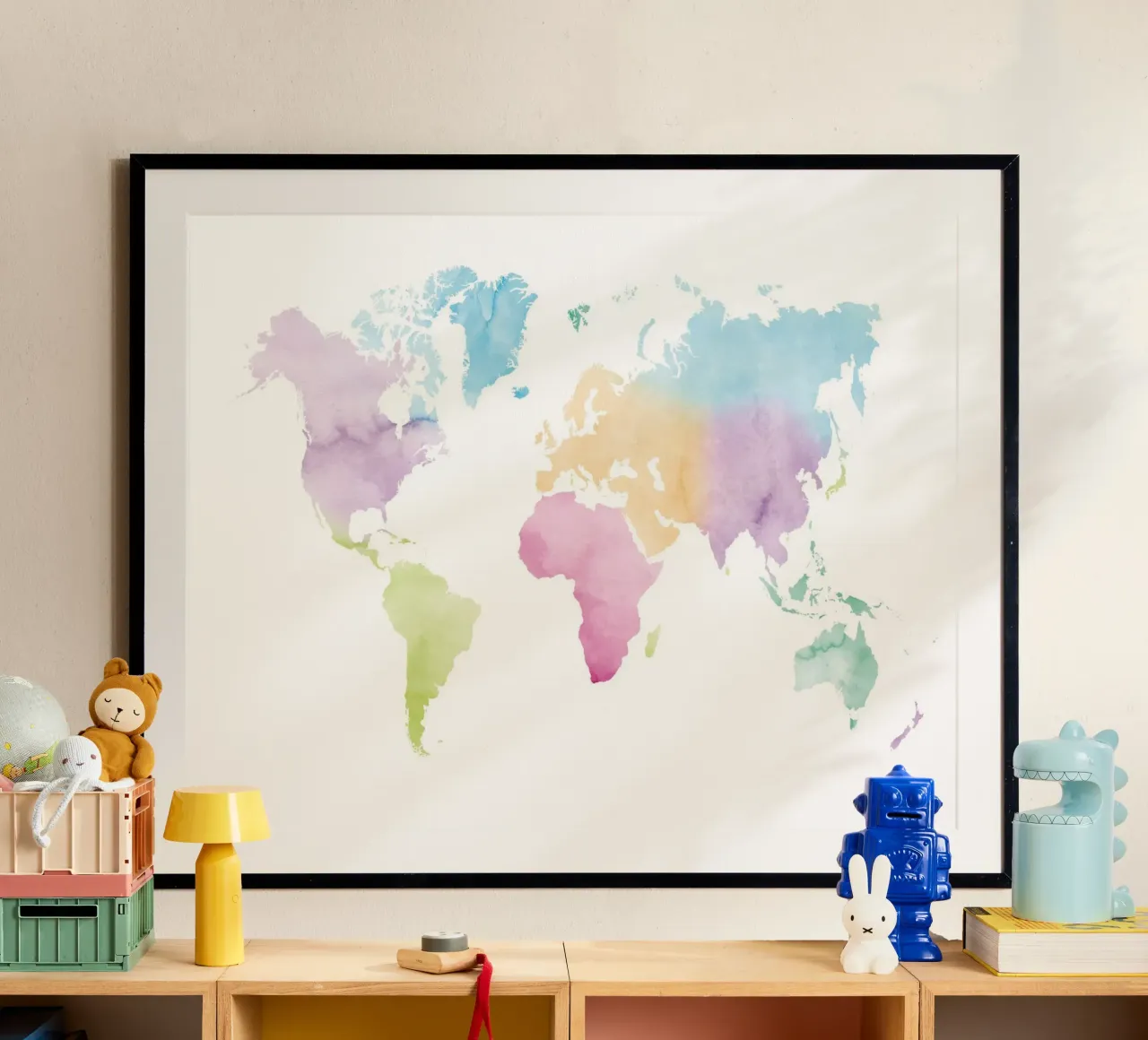 Mappa del mondo ad acquerello - colori vivaci poster con telaio in alluminio da NouveauPrints