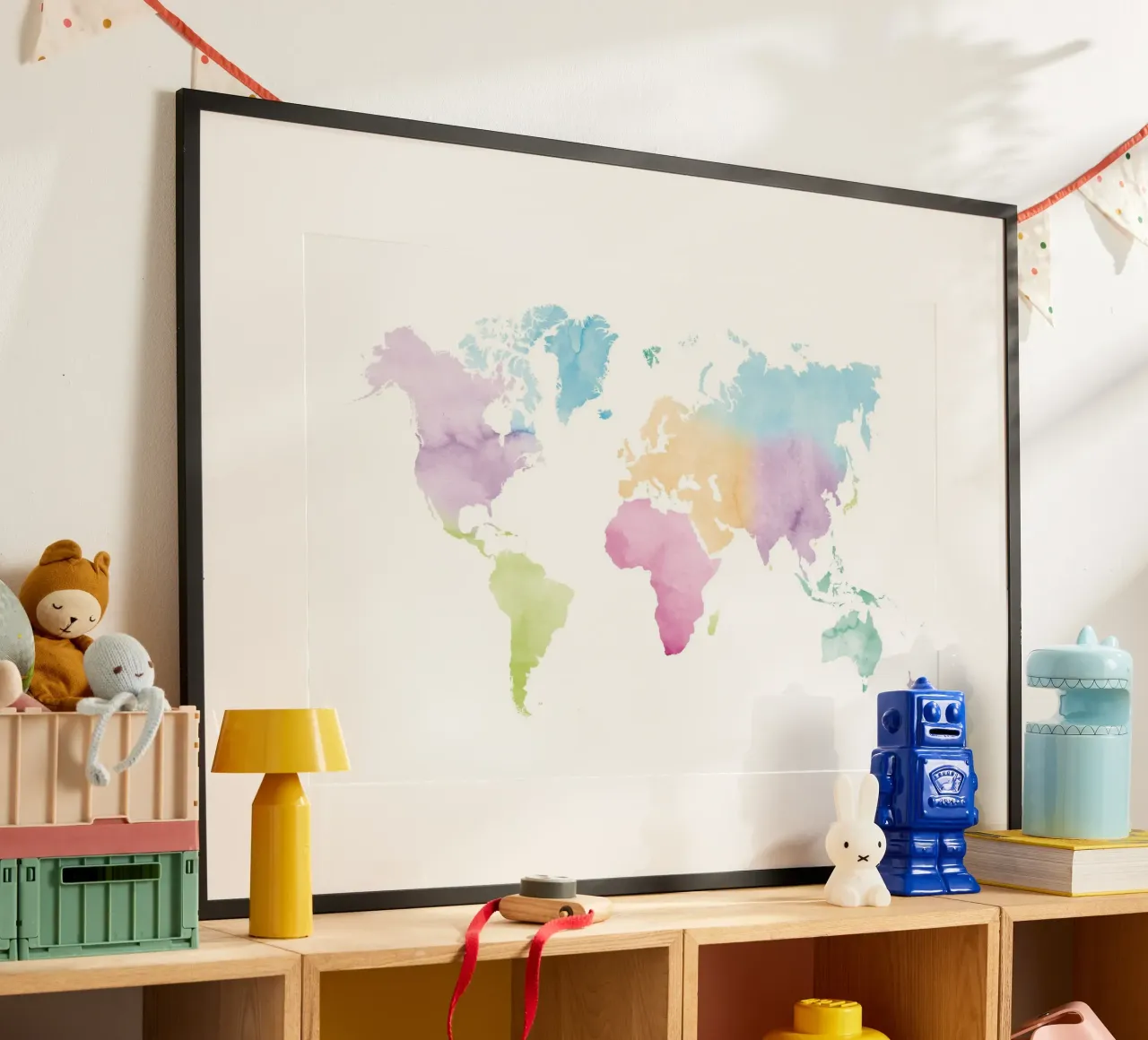 Mappa del mondo ad acquerello - colori vivaci poster con telaio in alluminio da NouveauPrints