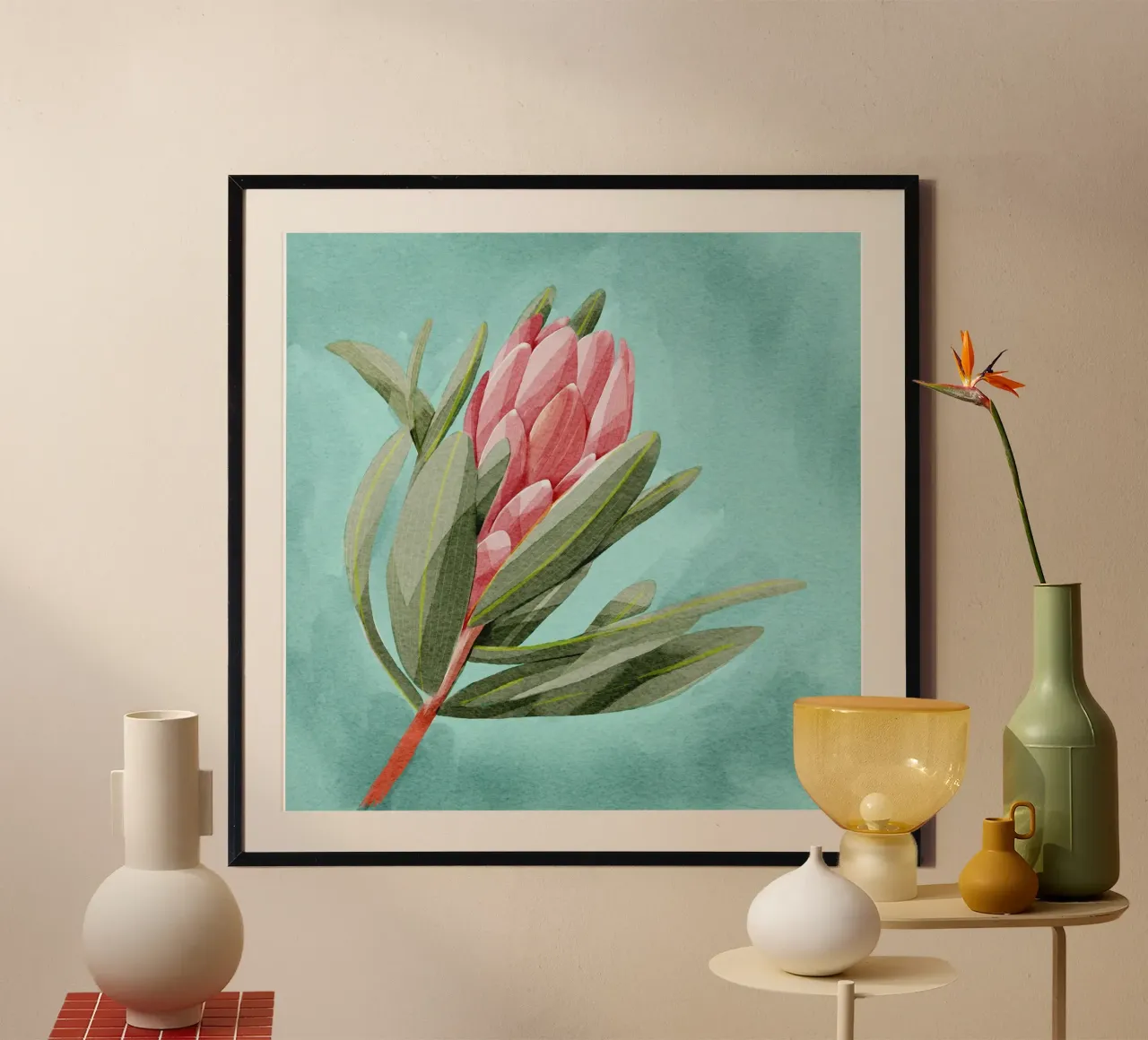 Fiore di protea poster con telaio in alluminio da Katie O'Shea