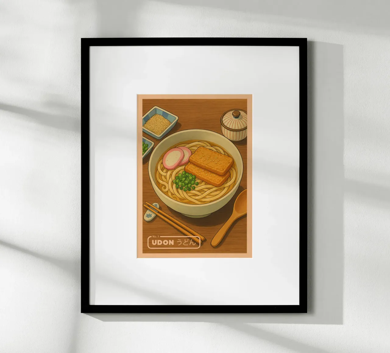 Ciotola di noodles Udon in stile anime - Serie di piatti giapponesi n. 1 poster con telaio in legno da japanfox