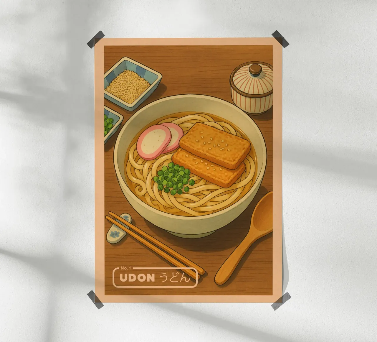 Ciotola di noodles Udon in stile anime - Serie di piatti giapponesi n. 1 poster con telaio in legno da japanfox