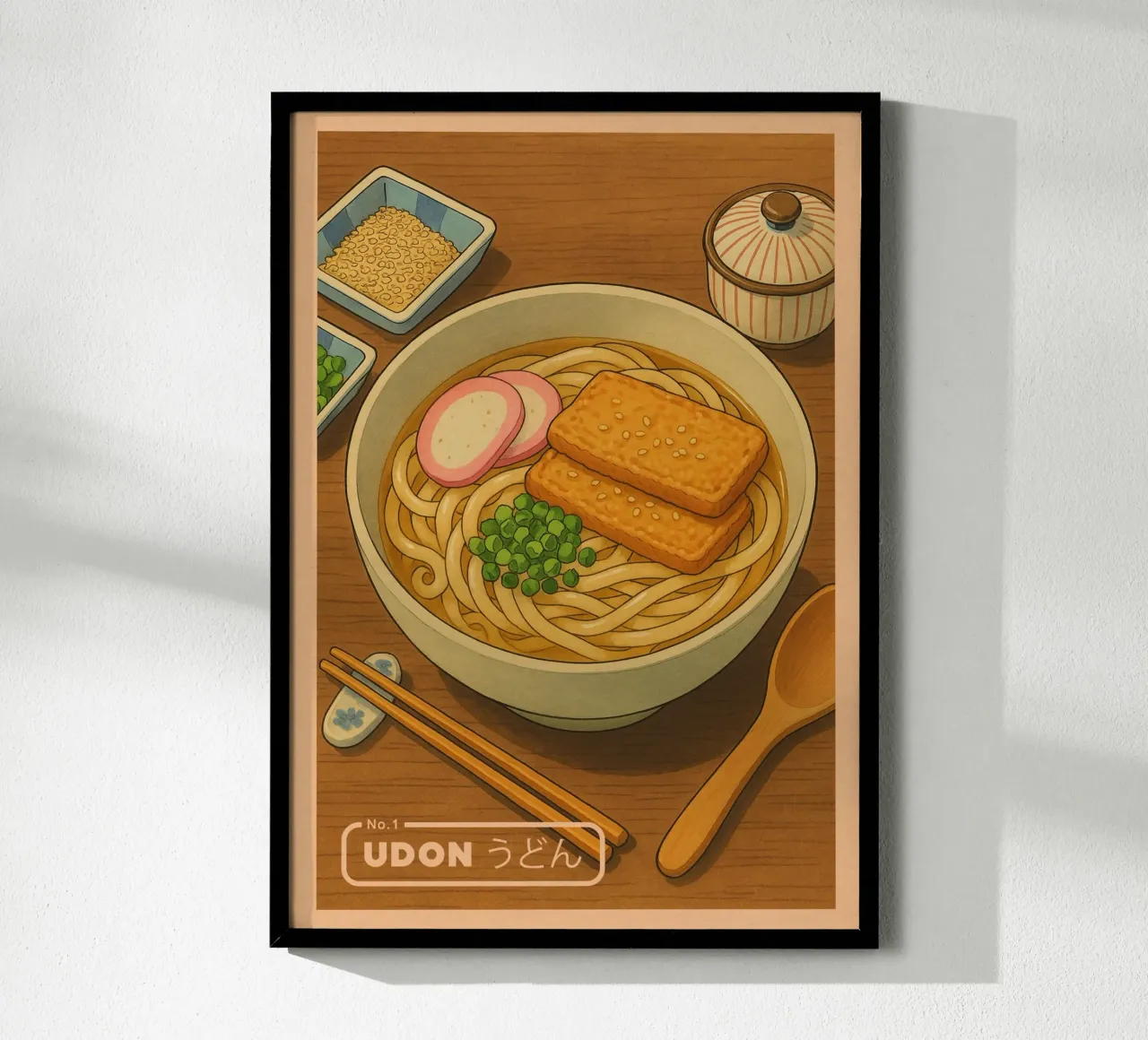 Ciotola di noodles Udon in stile anime - Serie di piatti giapponesi n. 1 poster con telaio in legno da japanfox