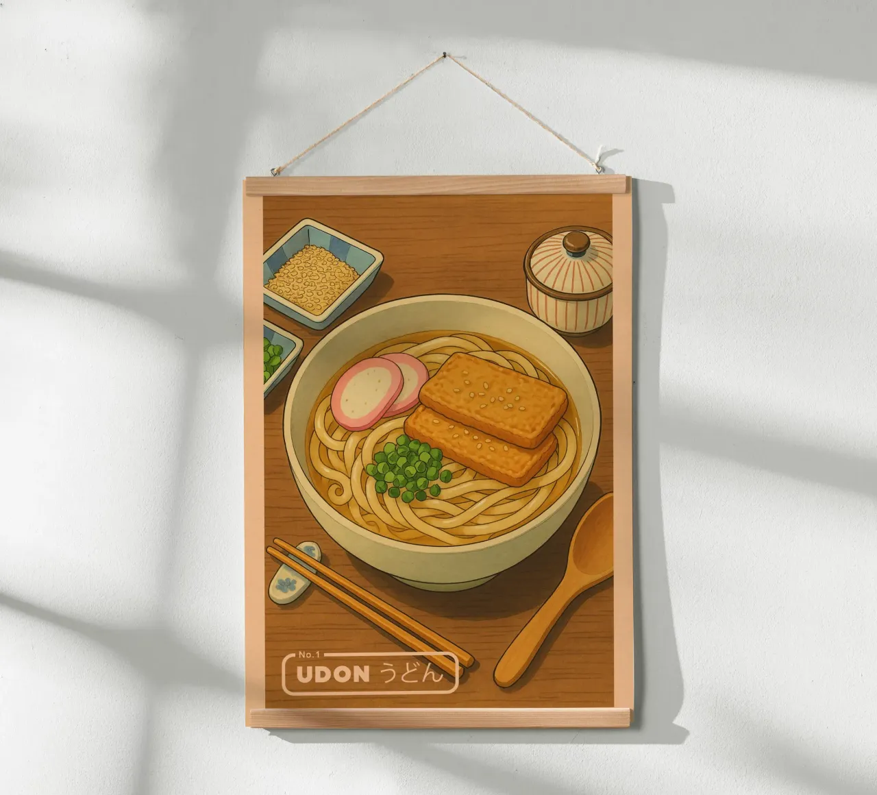 Ciotola di noodles Udon in stile anime - Serie di piatti giapponesi n. 1 poster con telaio in legno da japanfox