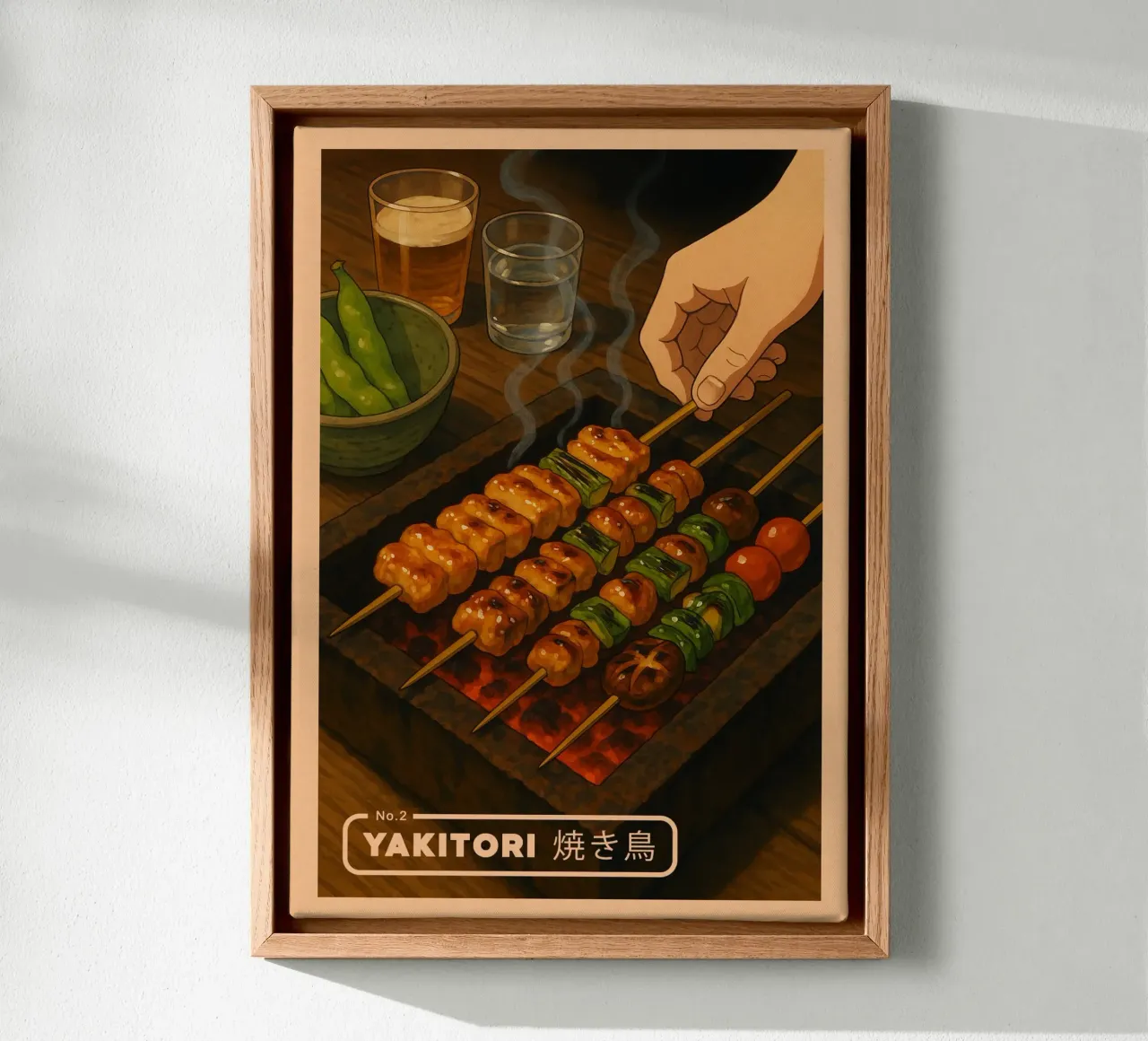 Anime-style Yakitori Skewers - Japanese food series No. 2 canvas with Floater frame by japanfox