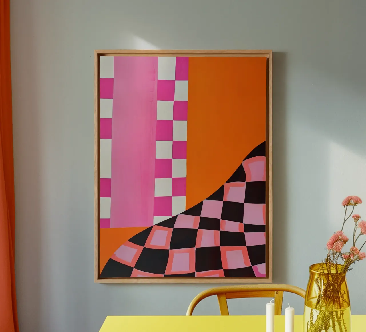 Pink and Orange Abstract Checks tela con Cornice a cassetta da Gypsy Galleria