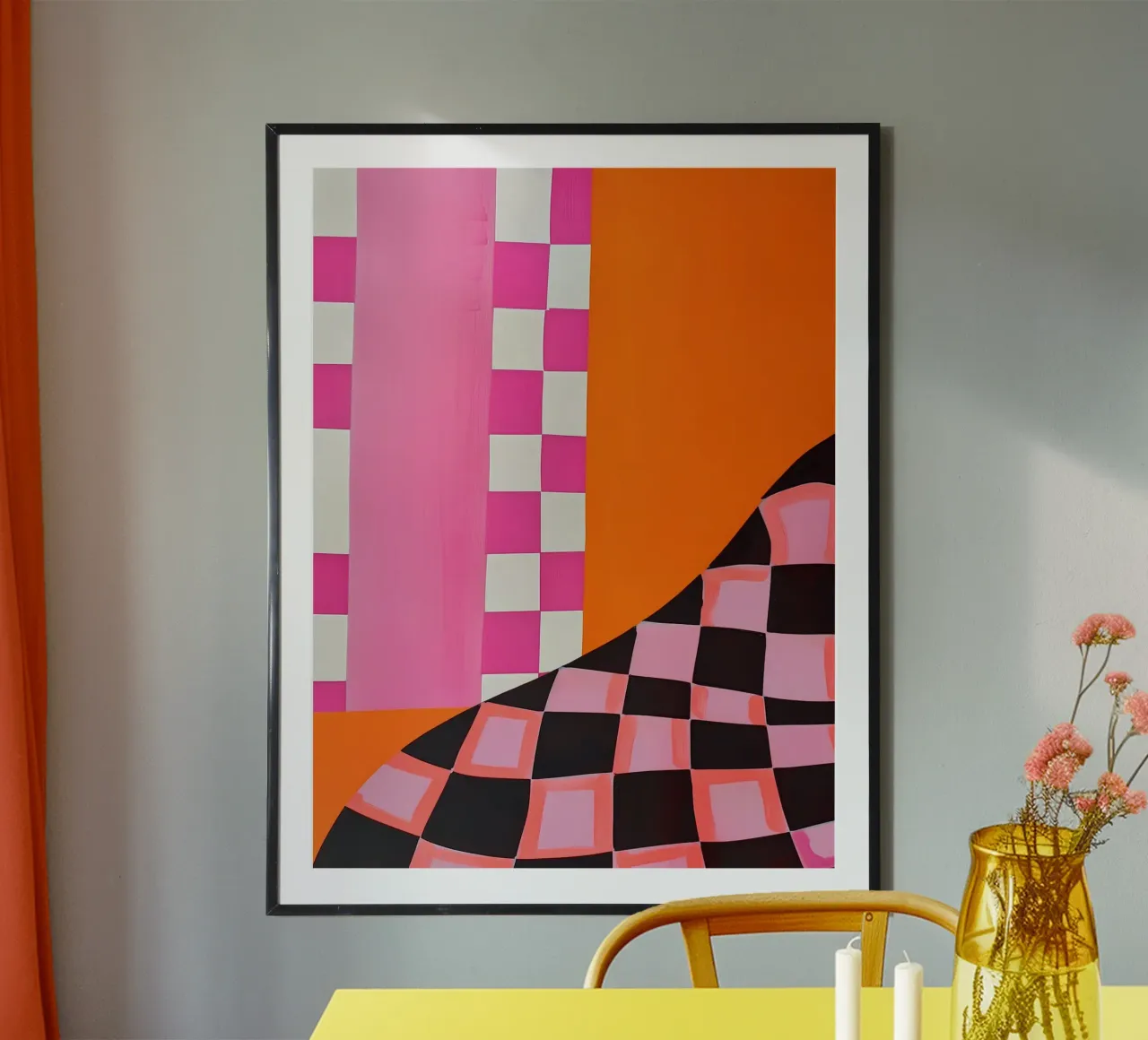 Pink and Orange Abstract Checks poster con telaio in plastica da Gypsy Galleria