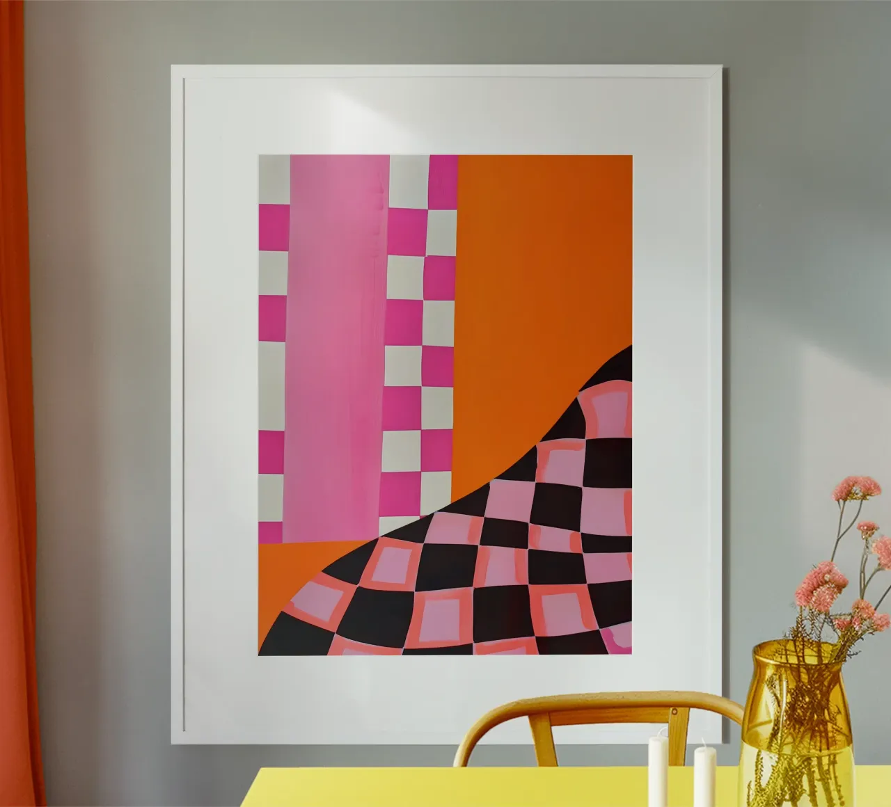 Pink and Orange Abstract Checks poster con telaio in plastica da Gypsy Galleria