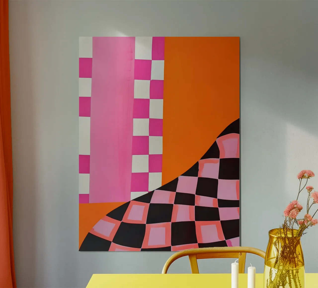 Pink and Orange Abstract Checks poster con telaio in plastica da Gypsy Galleria