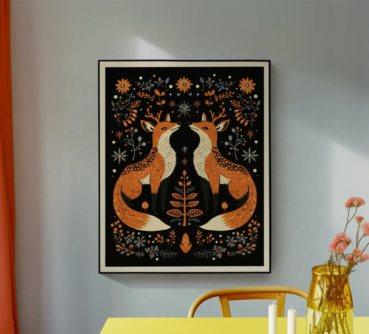 Folk Art Fox Print | Scandinavisch Yule Decor acryl van Farlane