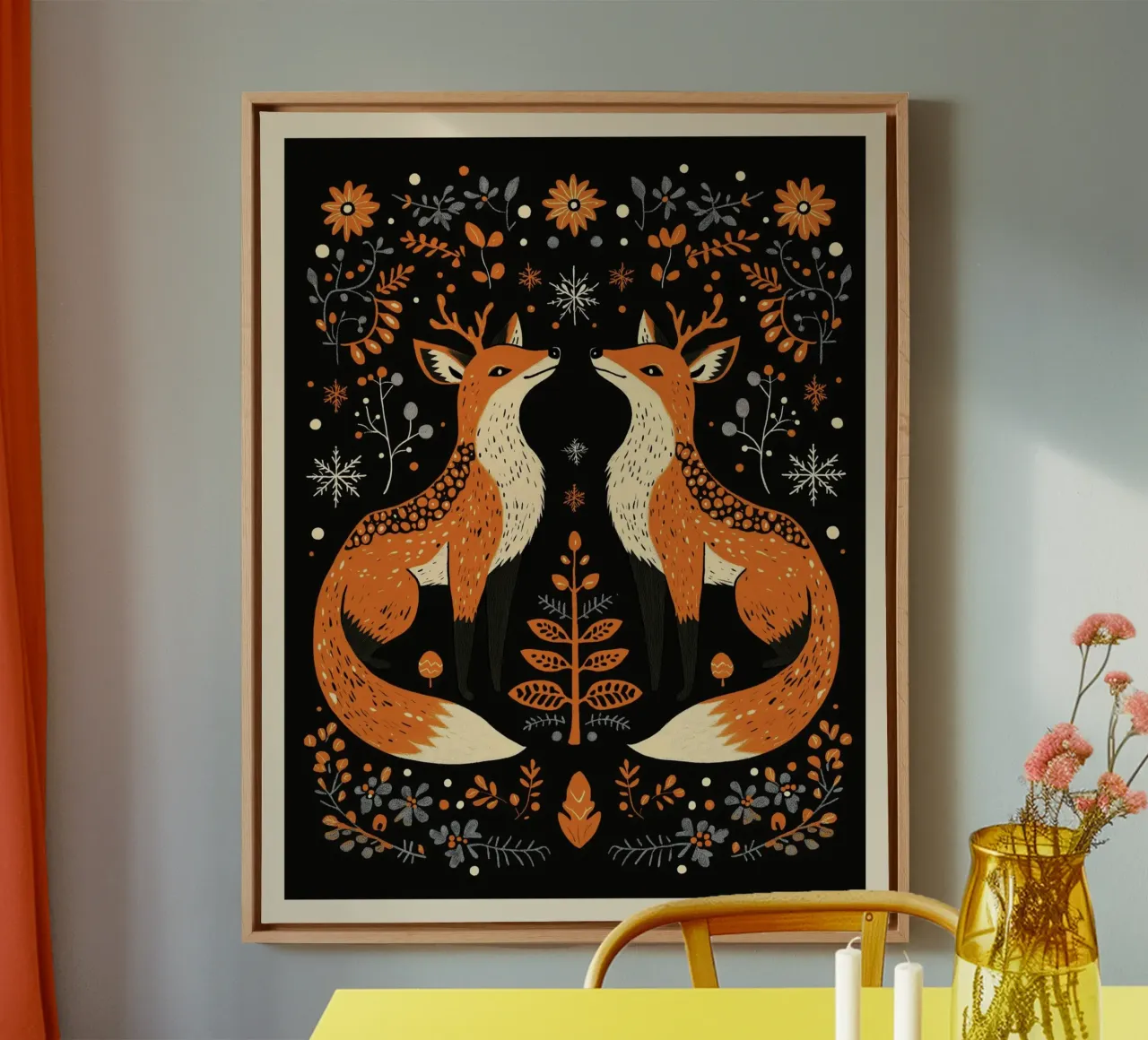 Folk Art Fox Print | Scandinavian Yule Decor canvas with Floater frame by Farlane