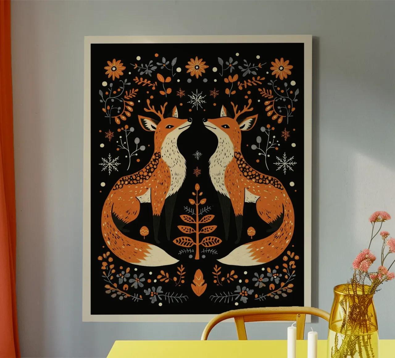 Folk Art Fox Print | Scandinavian Yule Decor canvas with Floater frame by Farlane