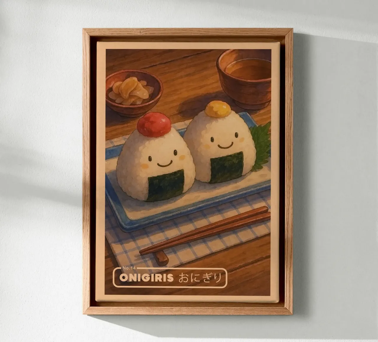 Anime-style smiling Onigiris - Japanese food series No. 14 canvas with Floater frame by japanfox