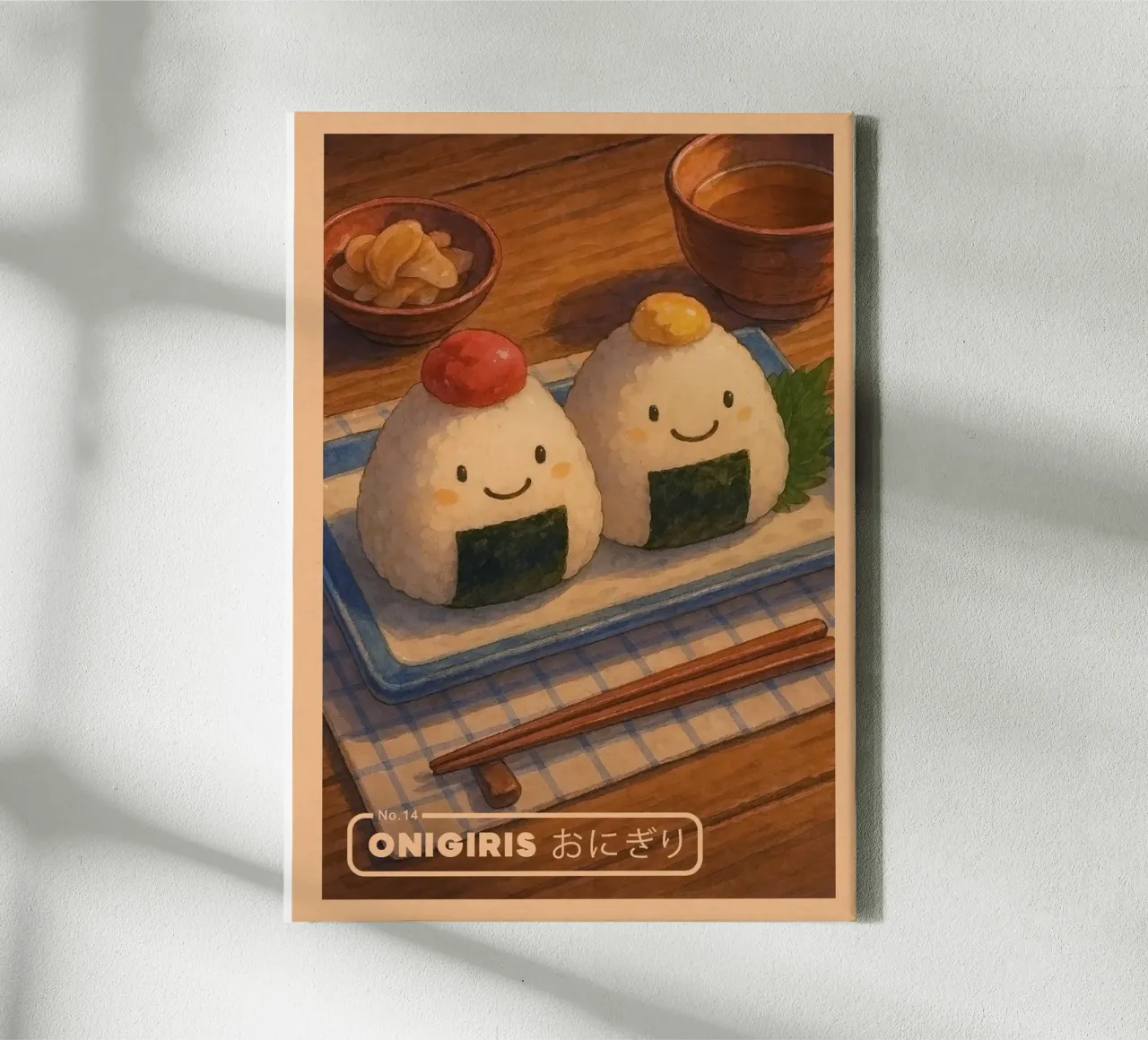 Anime-style smiling Onigiris - Japanese food series No. 14 canvas with Floater frame by japanfox