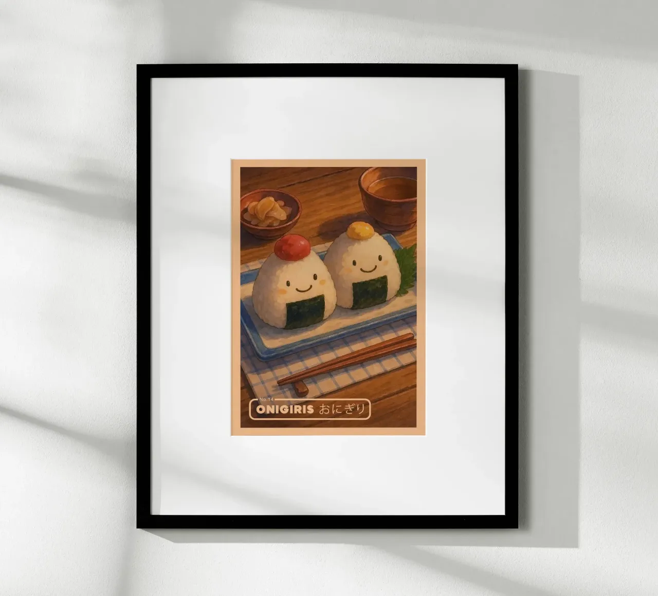 Anime-style smiling Onigiris - Japanese food series No. 14 poster with plastic frame by japanfox