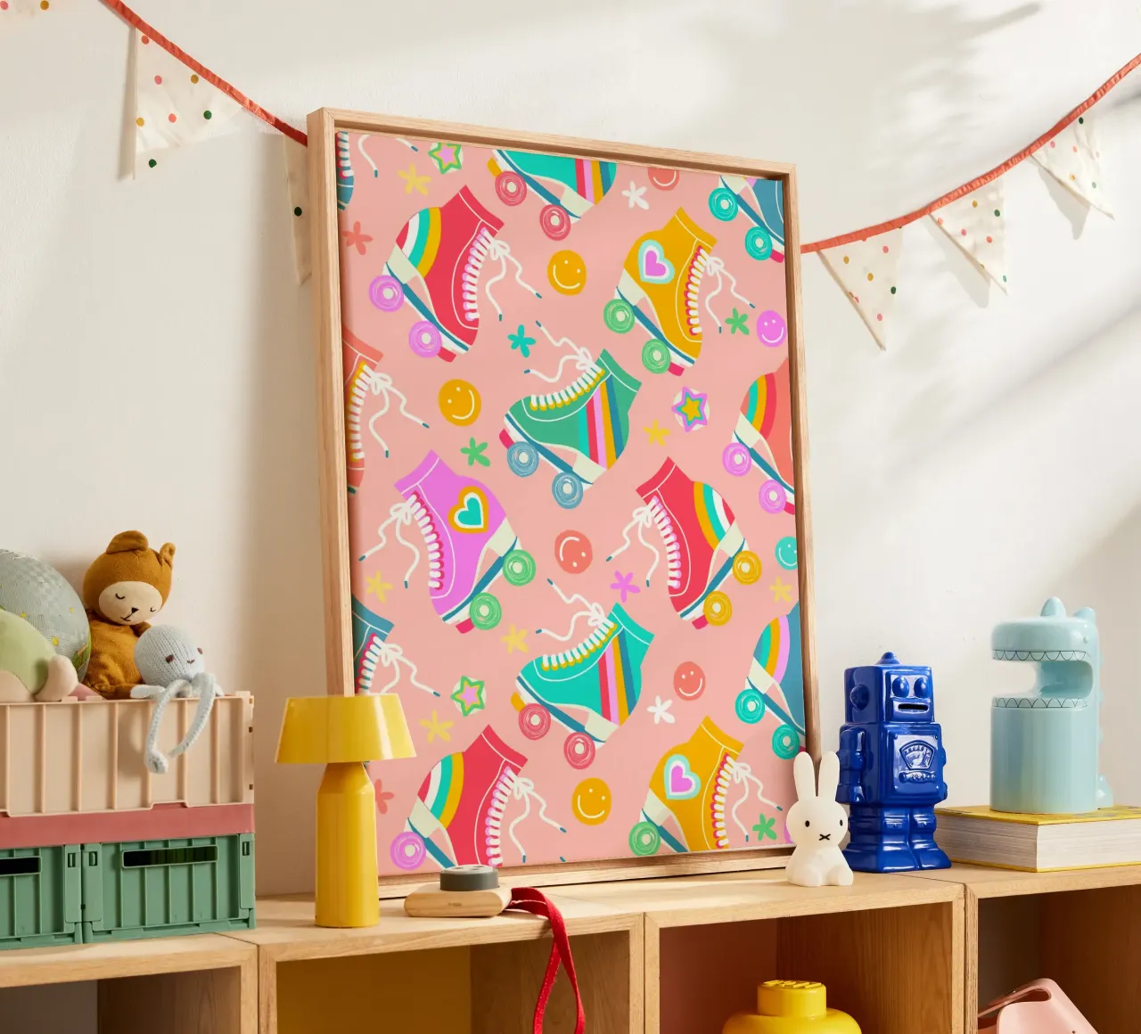 Groovy Rainbow Roller Skates and Stars Pattern canvas with Floater frame by Dominique Vari