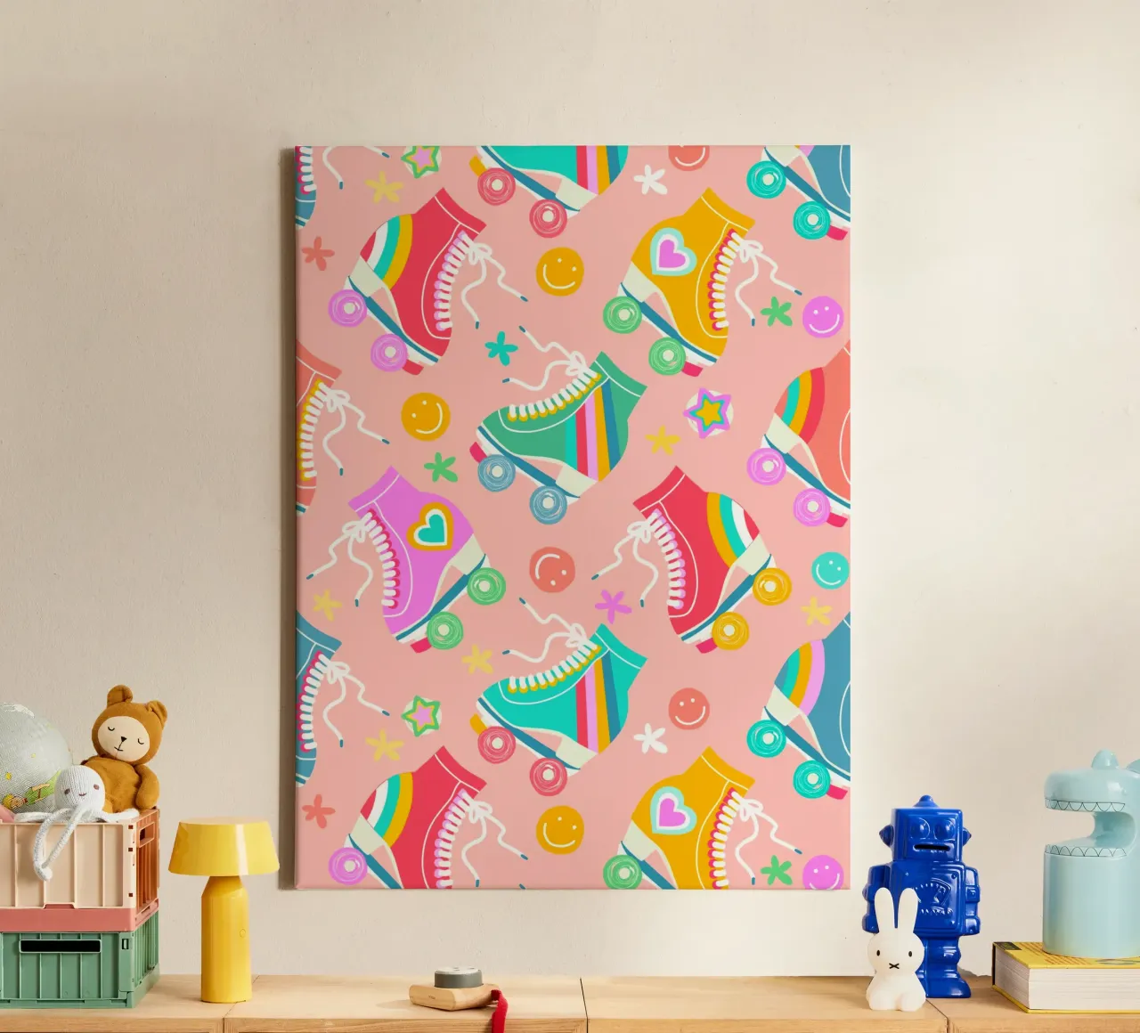 Groovy Rainbow Roller Skates and Stars Pattern canvas with Floater frame by Dominique Vari