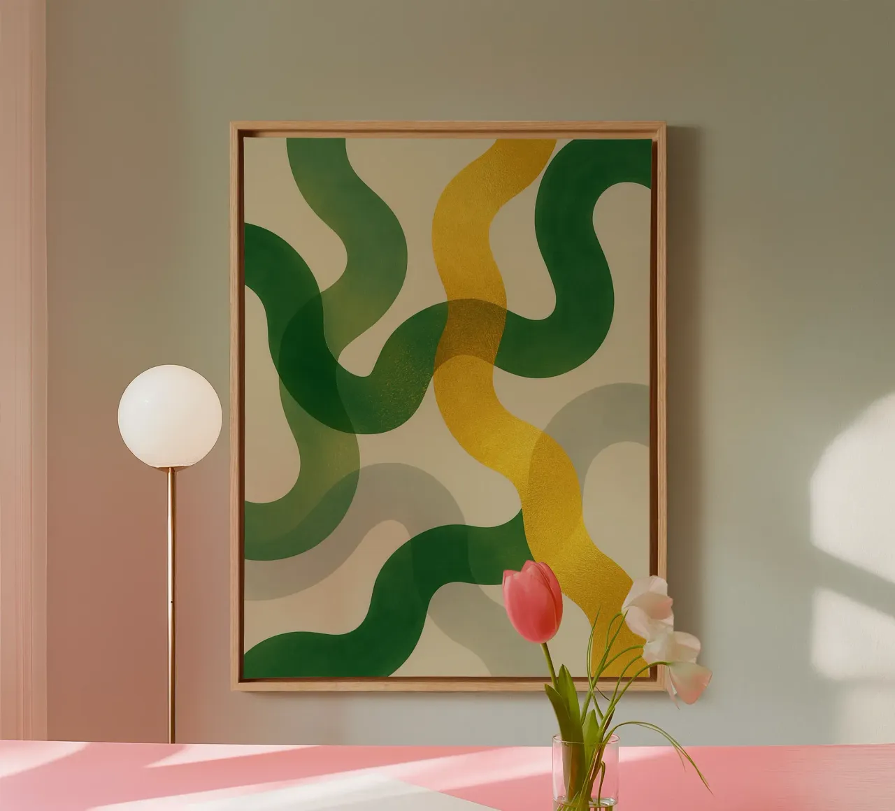 Abstract Wall Art with Gold, Green & Gray Translucent Waves canvas with Floater frame by Aquarevo