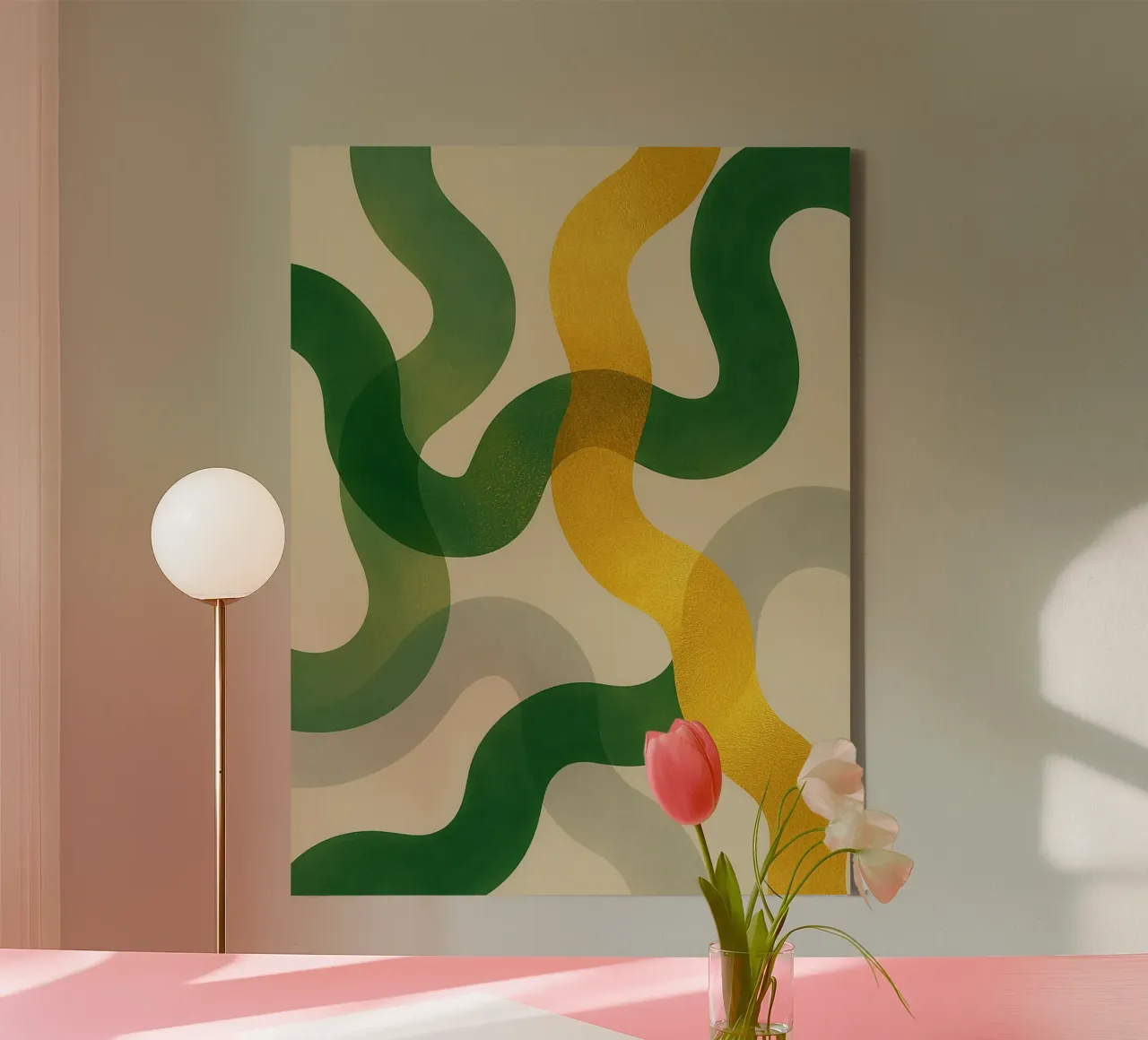 Abstract Wall Art with Gold, Green & Gray Translucent Waves canvas with Floater frame by Aquarevo
