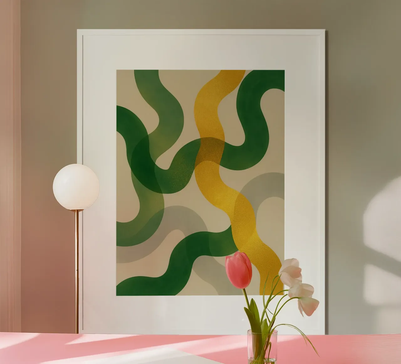 Abstract Wall Art with Gold, Green & Gray Translucent Waves poster by Aquarevo
