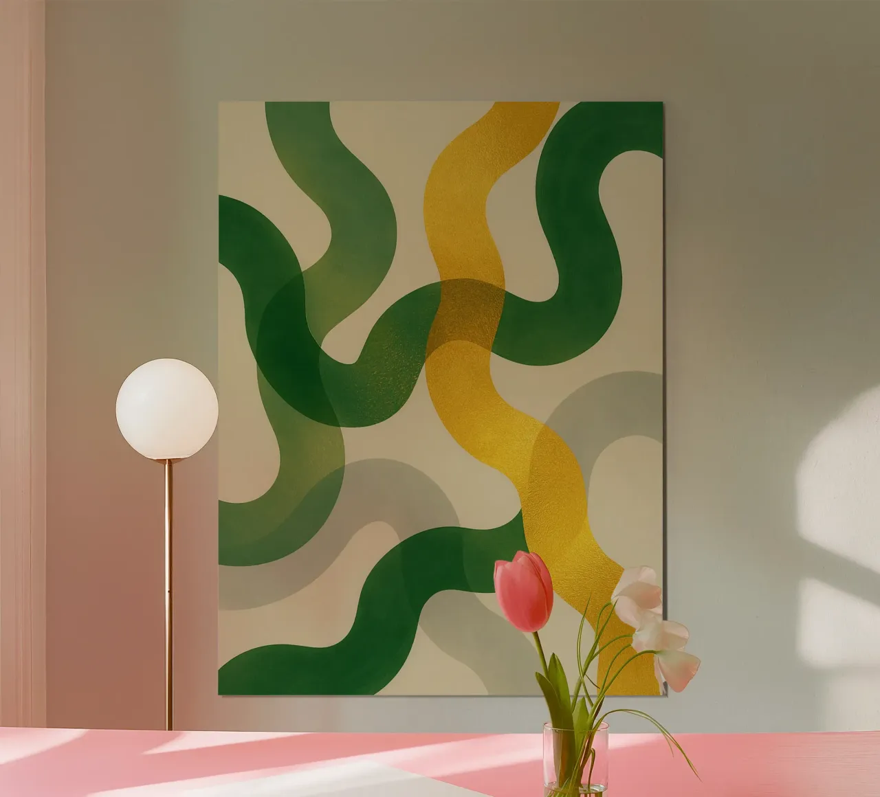 Abstract Wall Art with Gold, Green & Gray Translucent Waves poster by Aquarevo